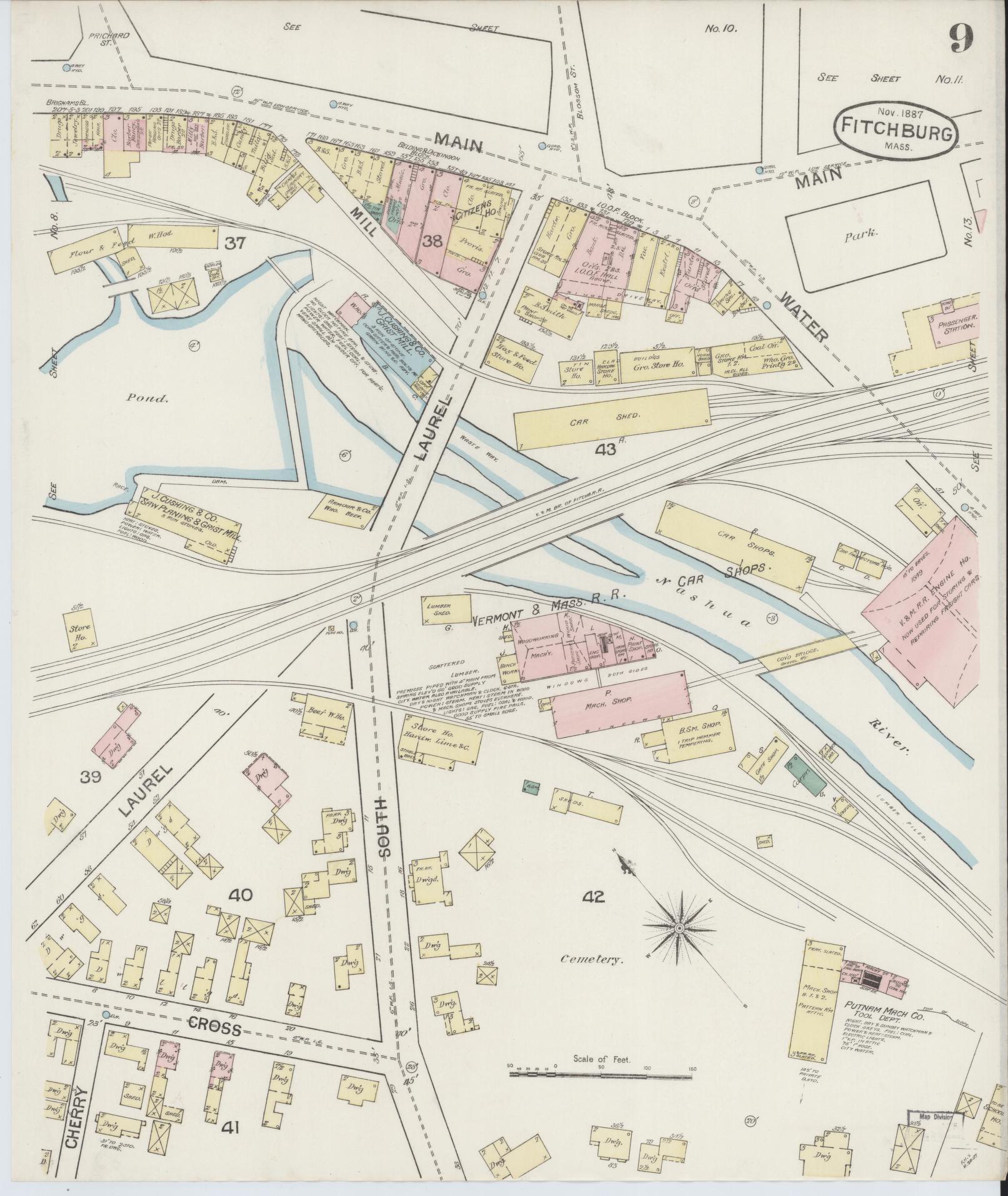 Sanborn Fire Insurance Map from Fitchburg, Worcester County, Massachusetts (1887), Sheet #0009 - Historic Sanborn Fire Insurance Map Print, vintage old map wall art, antique decor, genealogy gift, Massachusetts Massachusetts map