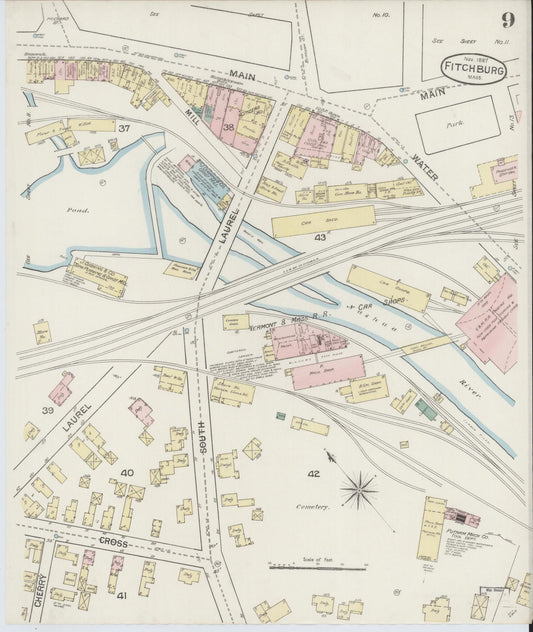 Sanborn Fire Insurance Map from Fitchburg, Worcester County, Massachusetts (1887), Sheet #0009 - Historic Sanborn Fire Insurance Map Print, vintage old map wall art, antique decor, genealogy gift, Massachusetts Massachusetts map