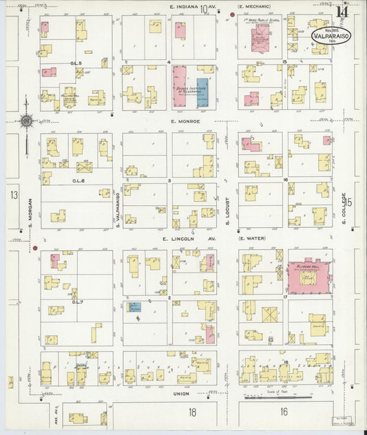 Sanborn Fire Insurance Map from Valparaiso, Porter County, Indiana (1910), Sheet #0014 - Historic Sanborn Fire Insurance Map Print, vintage old map wall art, antique decor, genealogy gift, Indiana Indiana map