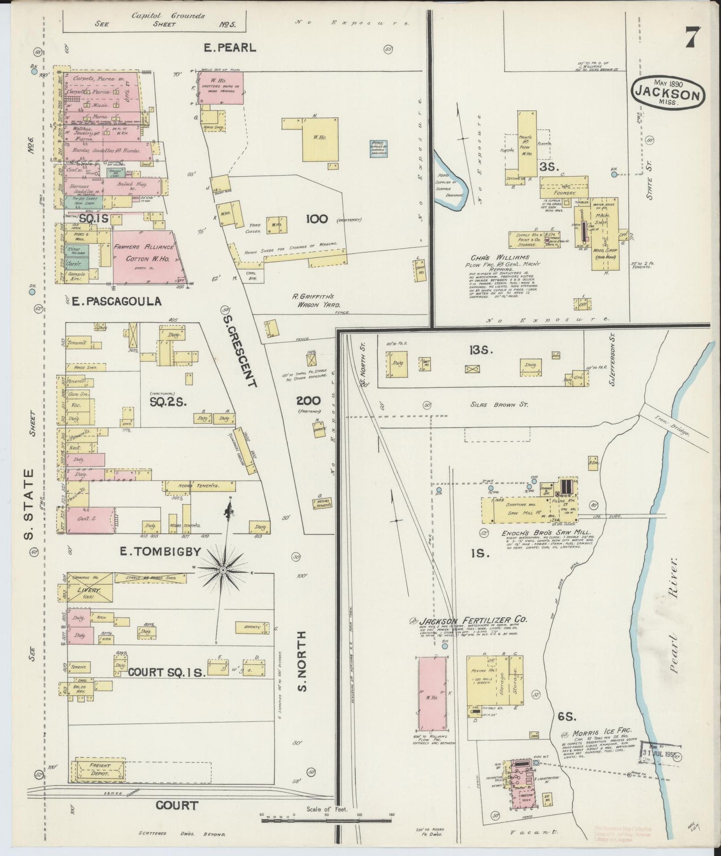 Sanborn Fire Insurance Map from Jackson, Hinds County, Mississippi (1890), Sheet #0007 - Historic Sanborn Fire Insurance Map Print, vintage old map wall art, antique decor, genealogy gift, Mississippi Mississippi map