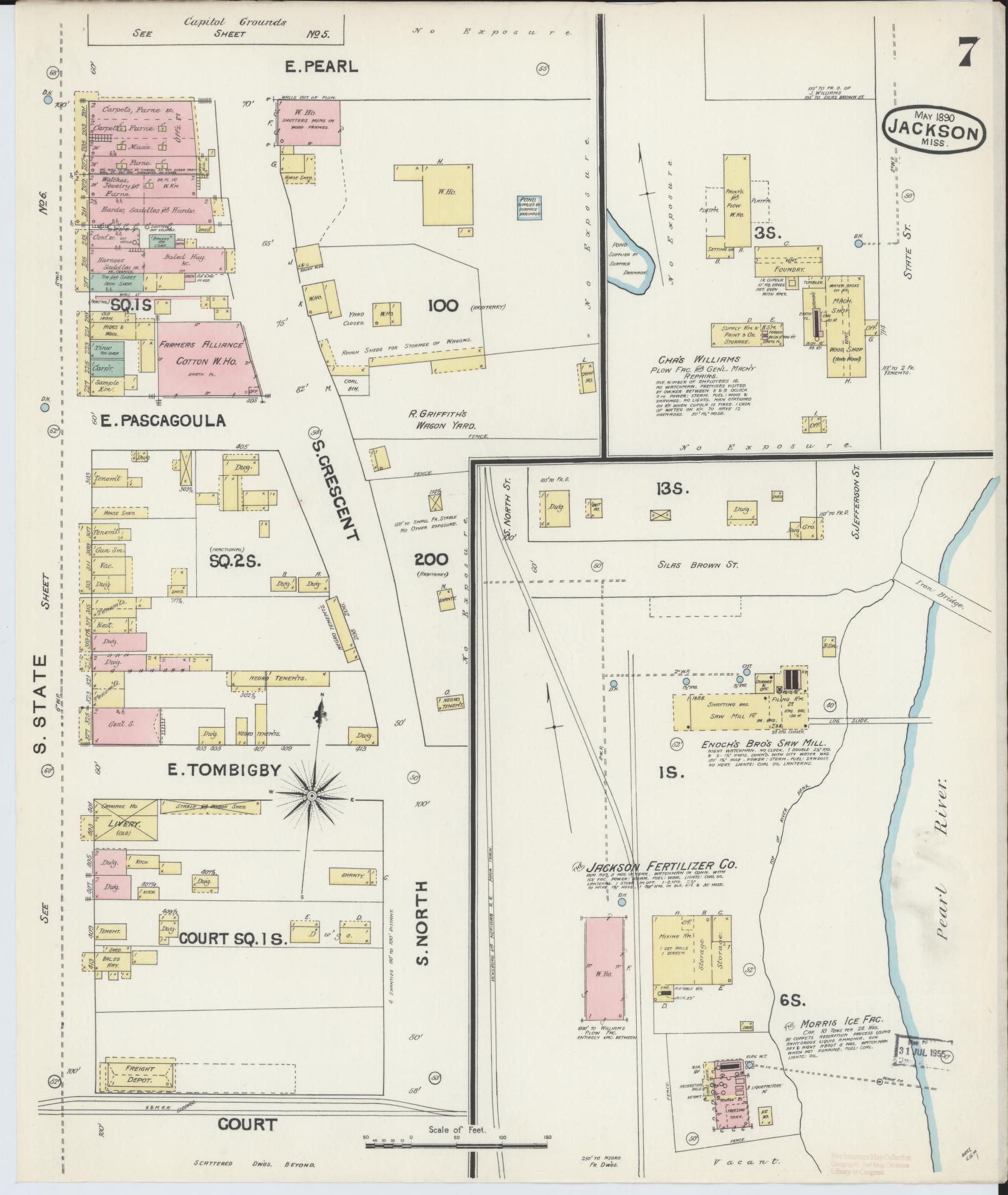 Sanborn Fire Insurance Map from Jackson, Hinds County, Mississippi (1890), Sheet #0007 - Historic Sanborn Fire Insurance Map Print, vintage old map wall art, antique decor, genealogy gift, Mississippi Mississippi map