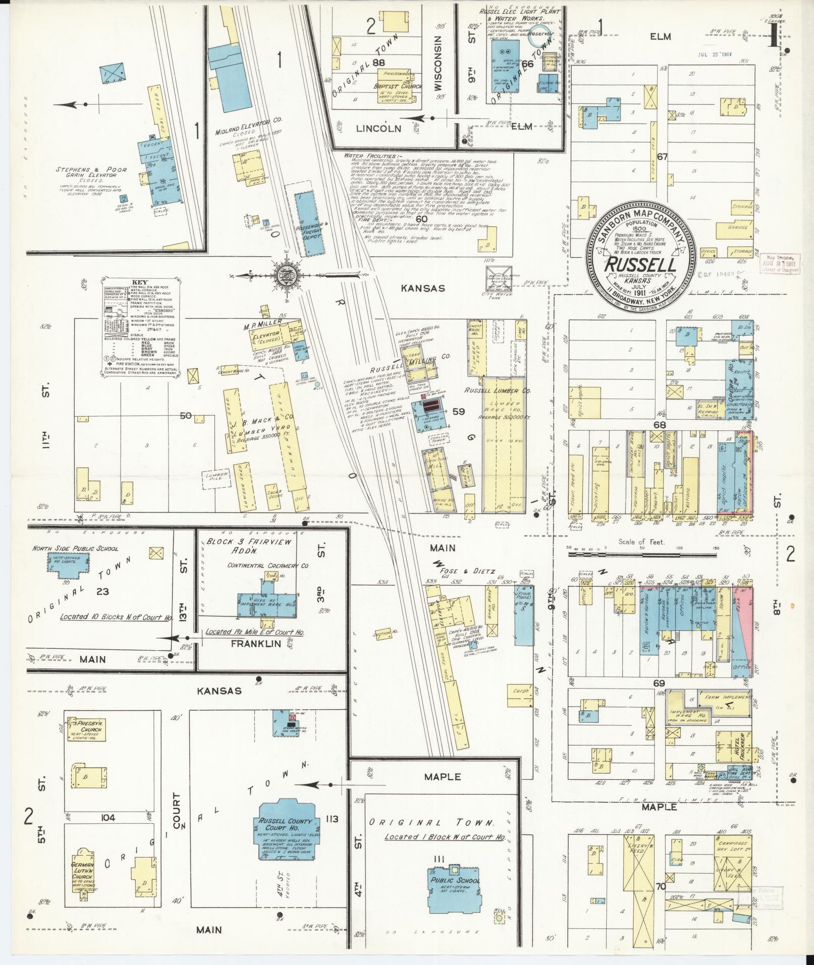 Sanborn Fire Insurance Map from Russell, Russell County, Kansas (1911), Sheet #0001 - Complete Map Set gallery image, historic Sanborn map, vintage wall art, Kansas Kansas