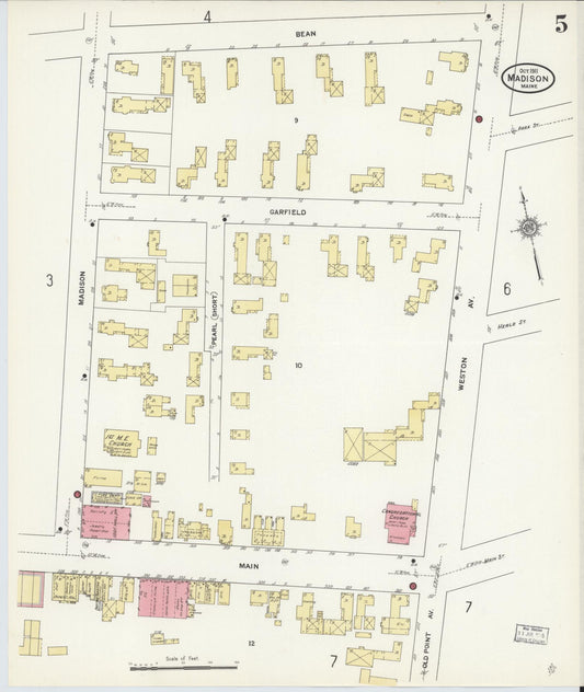 Sanborn Fire Insurance Map from Madison, Somerset County, Maine (1911), Sheet #0005 - Historic Sanborn Fire Insurance Map Print, vintage old map wall art, antique decor, genealogy gift, Maine Maine map