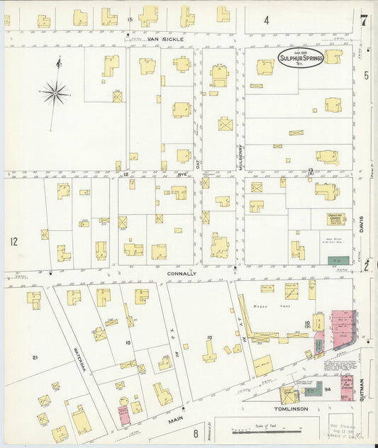 Sanborn Fire Insurance Map from Sulphur Springs, Hopkins County, Texas (1909), Sheet #0007 - Historic Sanborn Fire Insurance Map Print, vintage old map wall art, antique decor, genealogy gift, Texas Texas map