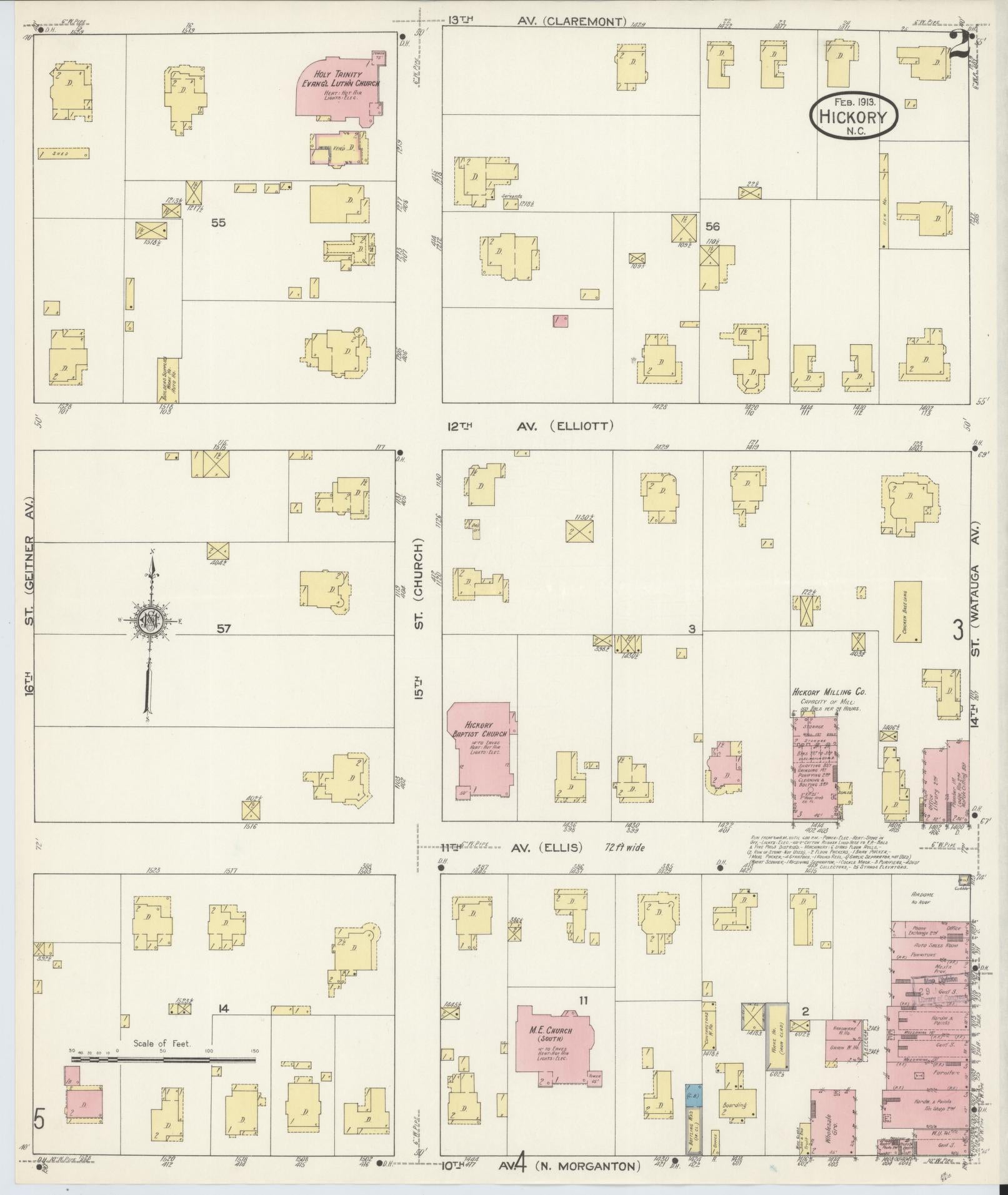 Sanborn Fire Insurance Map from Hickory, Catawba County, North Carolina (1913), Sheet #0002 - Complete Map Set gallery image, historic Sanborn map, vintage wall art, North Carolina North Carolina