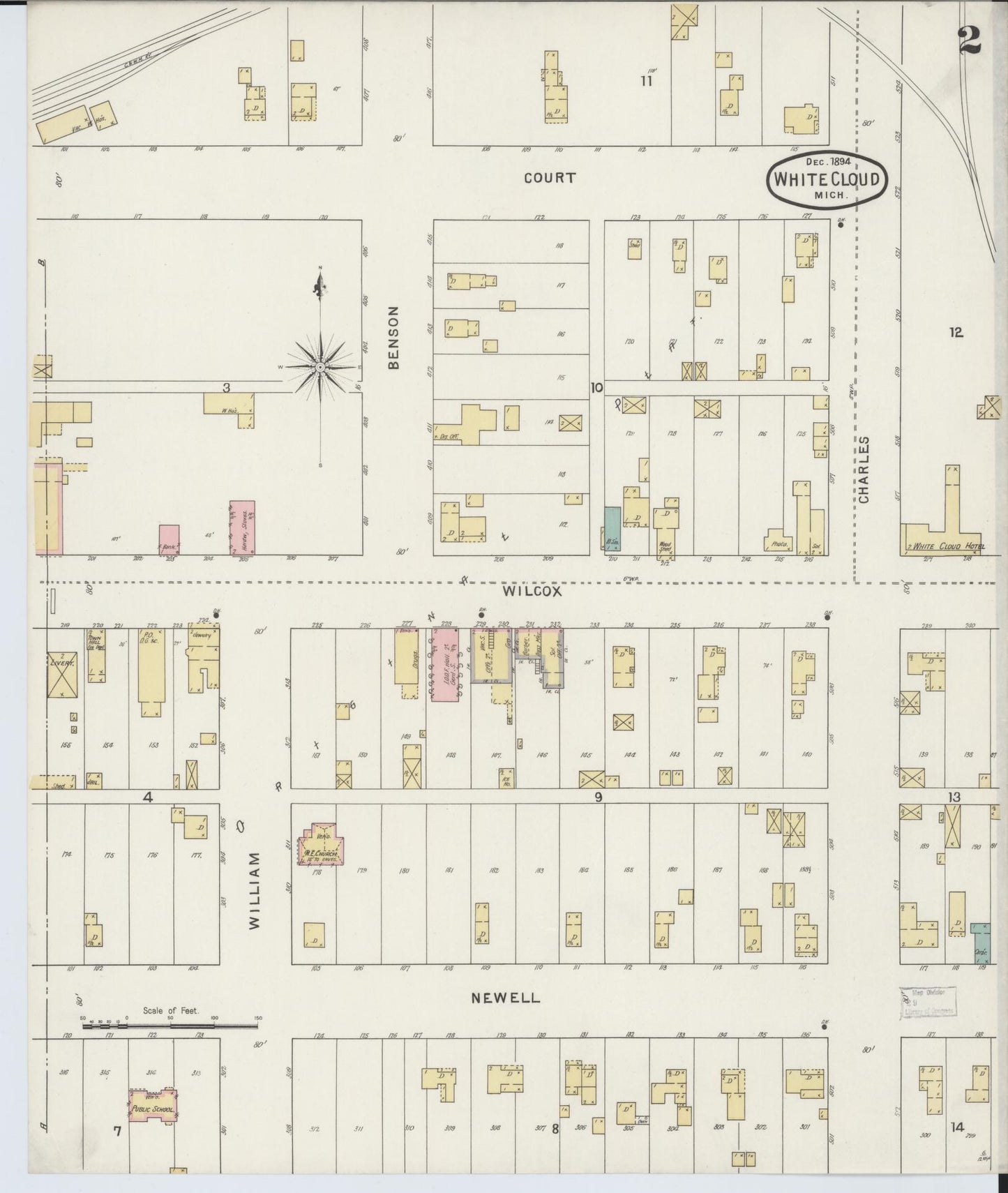Sanborn Fire Insurance Map from White Cloud, Newaygo County, Michigan (1894), Sheet #0002 - Historic Sanborn Fire Insurance Map Print, vintage old map wall art, antique decor, genealogy gift, Michigan Michigan map