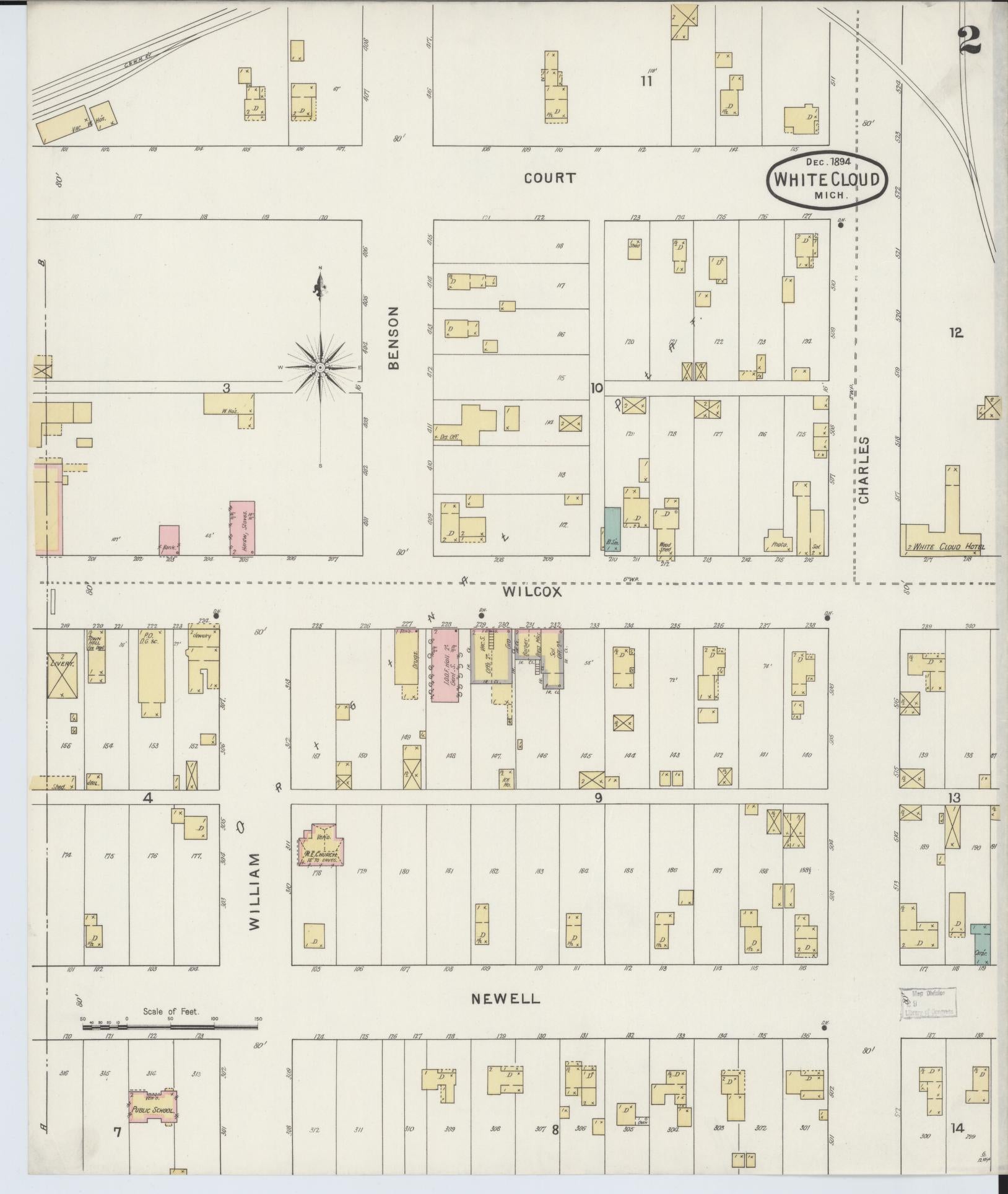 Sanborn Fire Insurance Map from White Cloud, Newaygo County, Michigan (1894), Sheet #0002 - Historic Sanborn Fire Insurance Map Print, vintage old map wall art, antique decor, genealogy gift, Michigan Michigan map