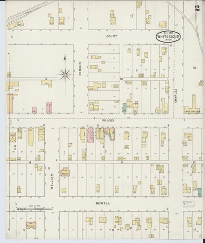 Sanborn Fire Insurance Map from White Cloud, Newaygo County, Michigan (1894), Sheet #0002 - Historic Sanborn Fire Insurance Map Print, vintage old map wall art, antique decor, genealogy gift, Michigan Michigan map