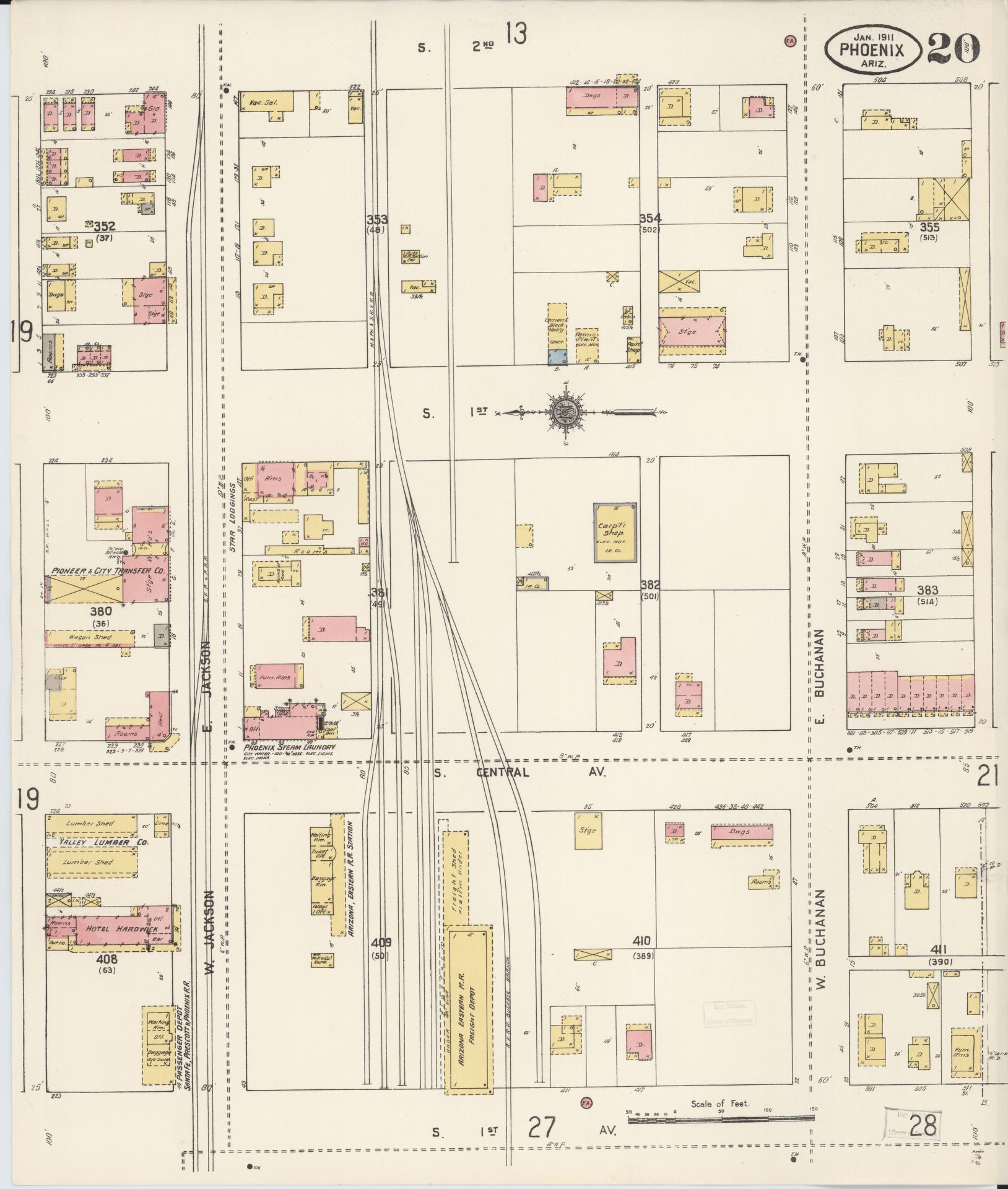 Sanborn Fire Insurance Map from Phoenix, Maricopa County, Arizona (1911), Sheet #0020 - Complete Map Set gallery image, historic Sanborn map, vintage wall art, Arizona Arizona