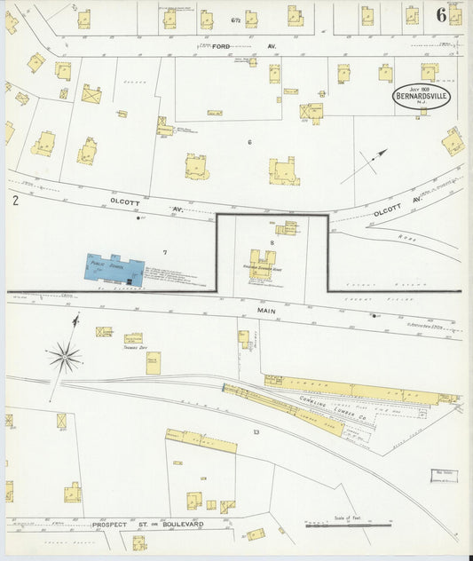 Sanborn Fire Insurance Map from Bernardsville, Somerset County, New Jersey (1909), Sheet #0006 - Historic Sanborn Fire Insurance Map Print, vintage old map wall art, antique decor, genealogy gift, New Jersey New Jersey map