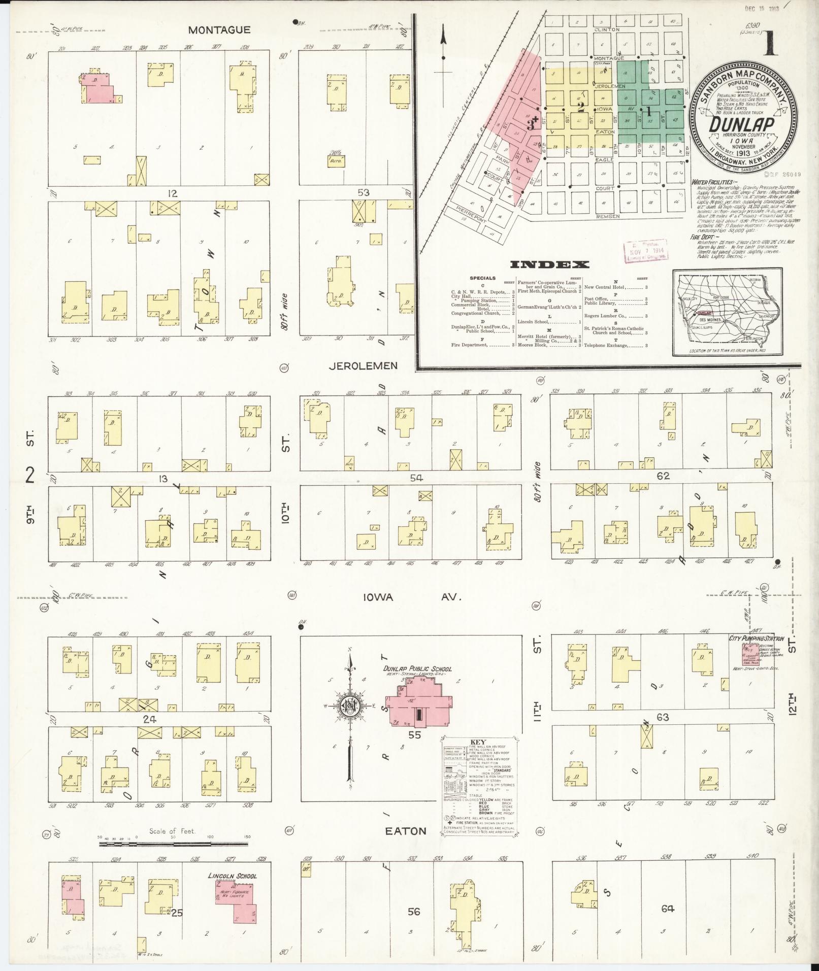 Sanborn Fire Insurance Map from Dunlap, Harrison County, Iowa (1913), Sheet #0001 - Historic Sanborn Fire Insurance Map Print, vintage old map wall art