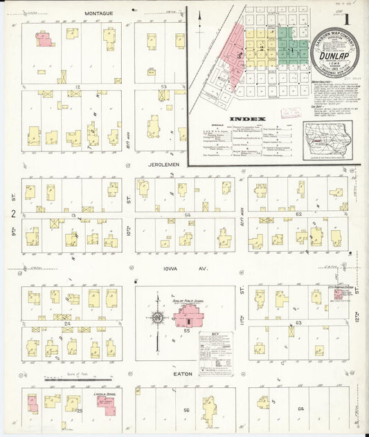 Sanborn Fire Insurance Map from Dunlap, Harrison County, Iowa (1913), Sheet #0001 - Historic Sanborn Fire Insurance Map Print, vintage old map wall art