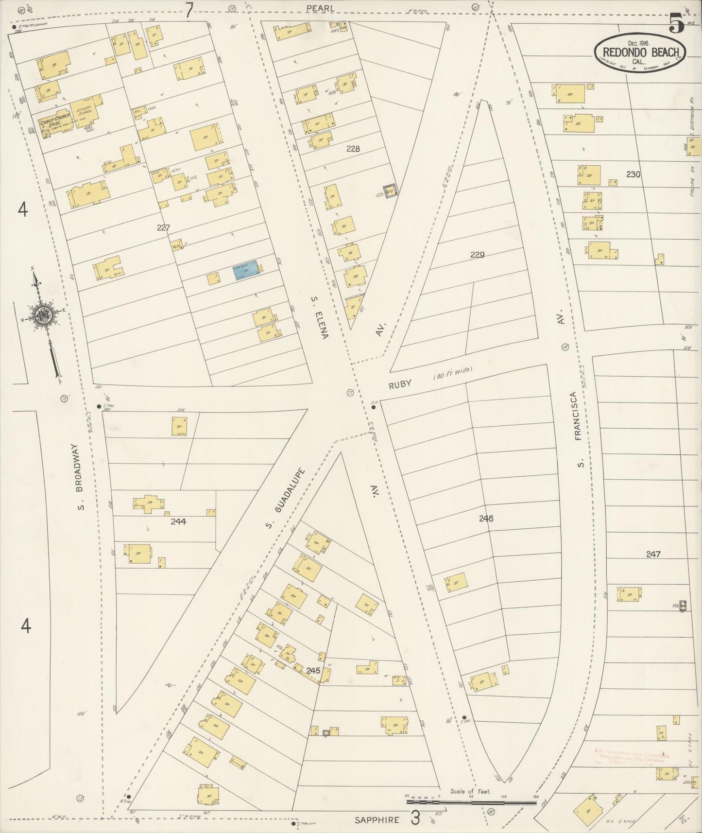 Sanborn Fire Insurance Map from Redondo Beach, Los Angeles County, California (1916), Sheet #0005 - Complete Map Set gallery image, historic Sanborn map, vintage wall art, California California