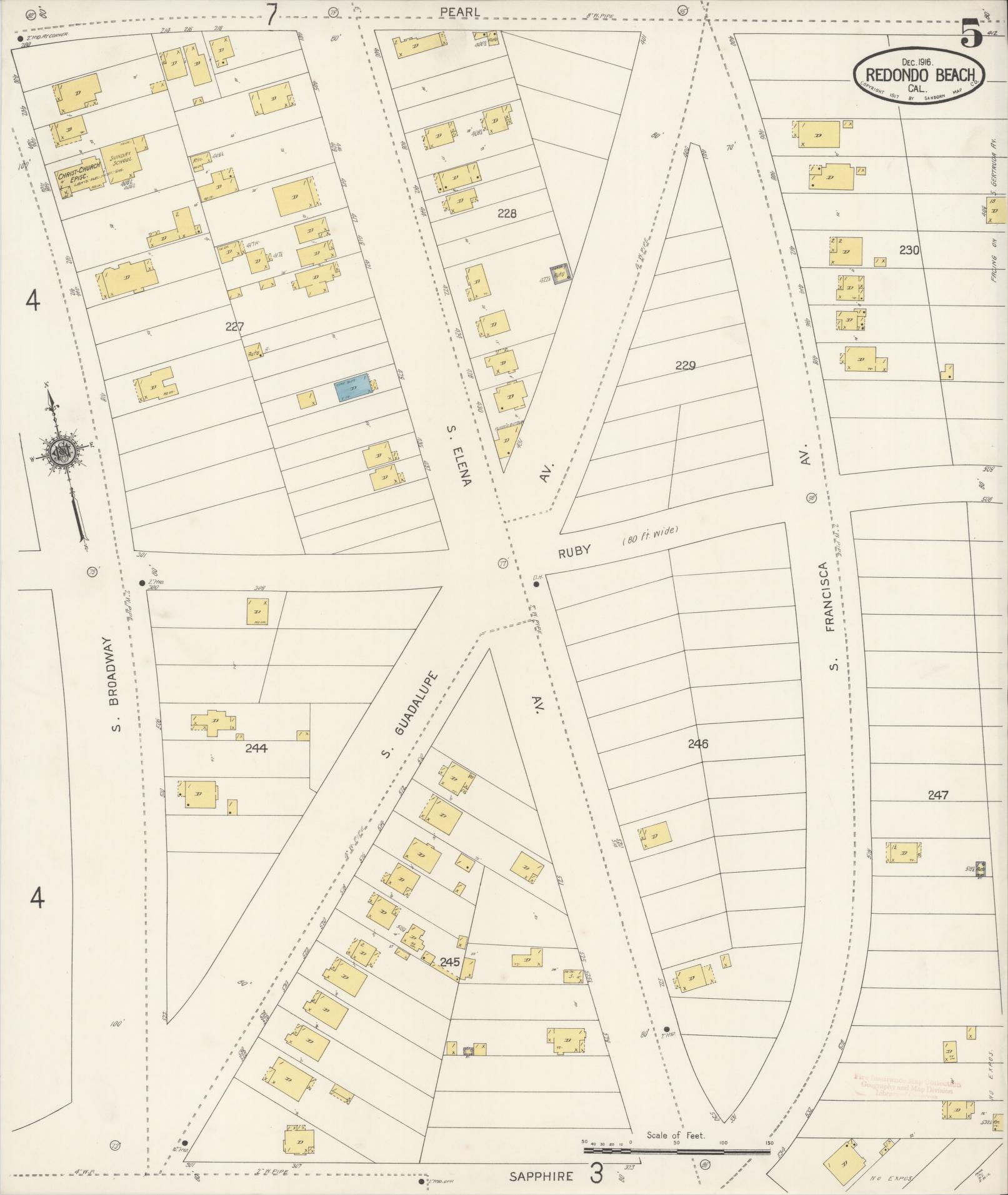 Sanborn Fire Insurance Map from Redondo Beach, Los Angeles County, California (1916), Sheet #0005 - Complete Map Set gallery image, historic Sanborn map, vintage wall art, California California