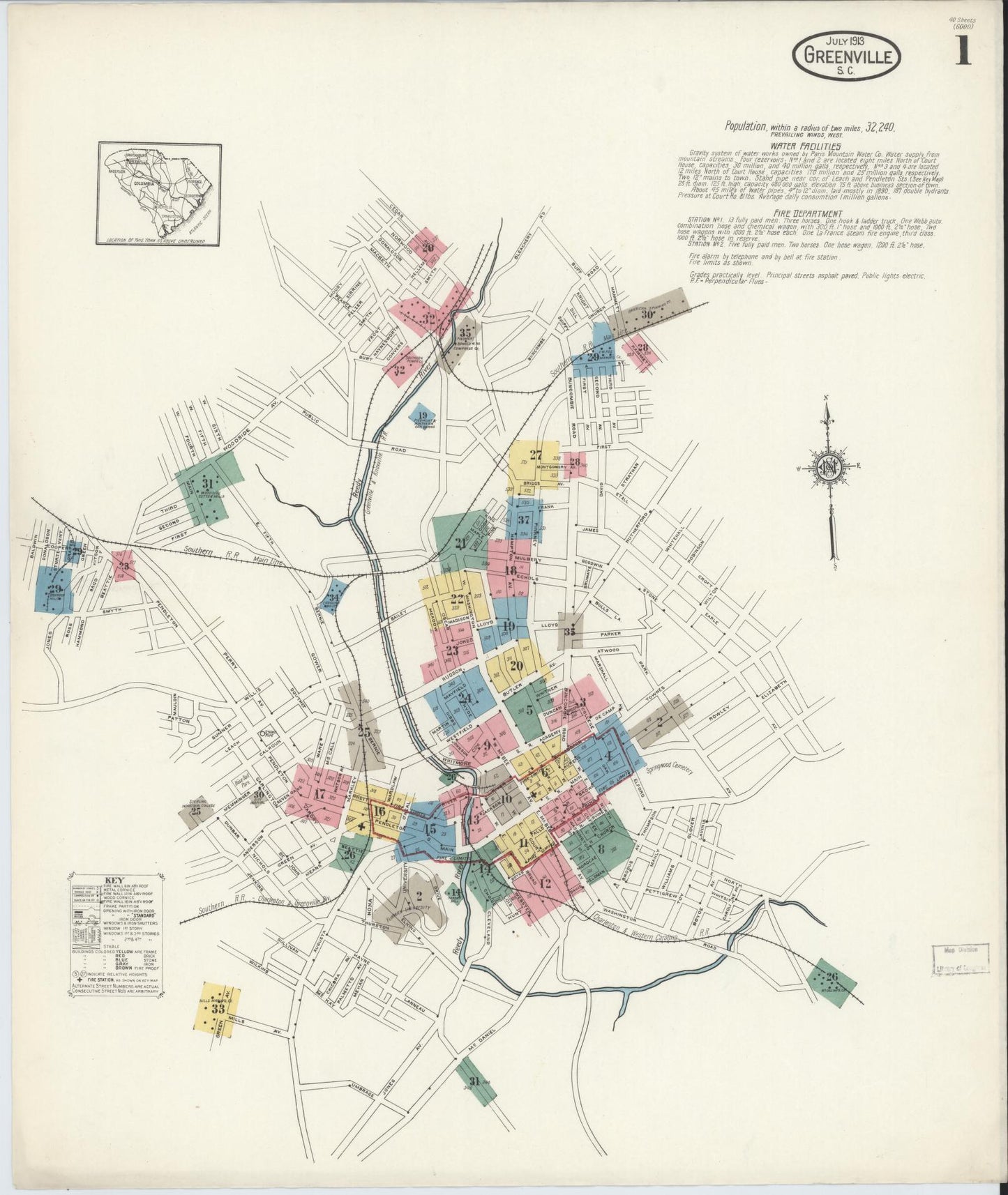 Sanborn Fire Insurance Map from Greenville, Greenville County, South Carolina (1913), Sheet #0001 - Complete Map Set gallery image, historic Sanborn map, vintage wall art, South Carolina South Carolina