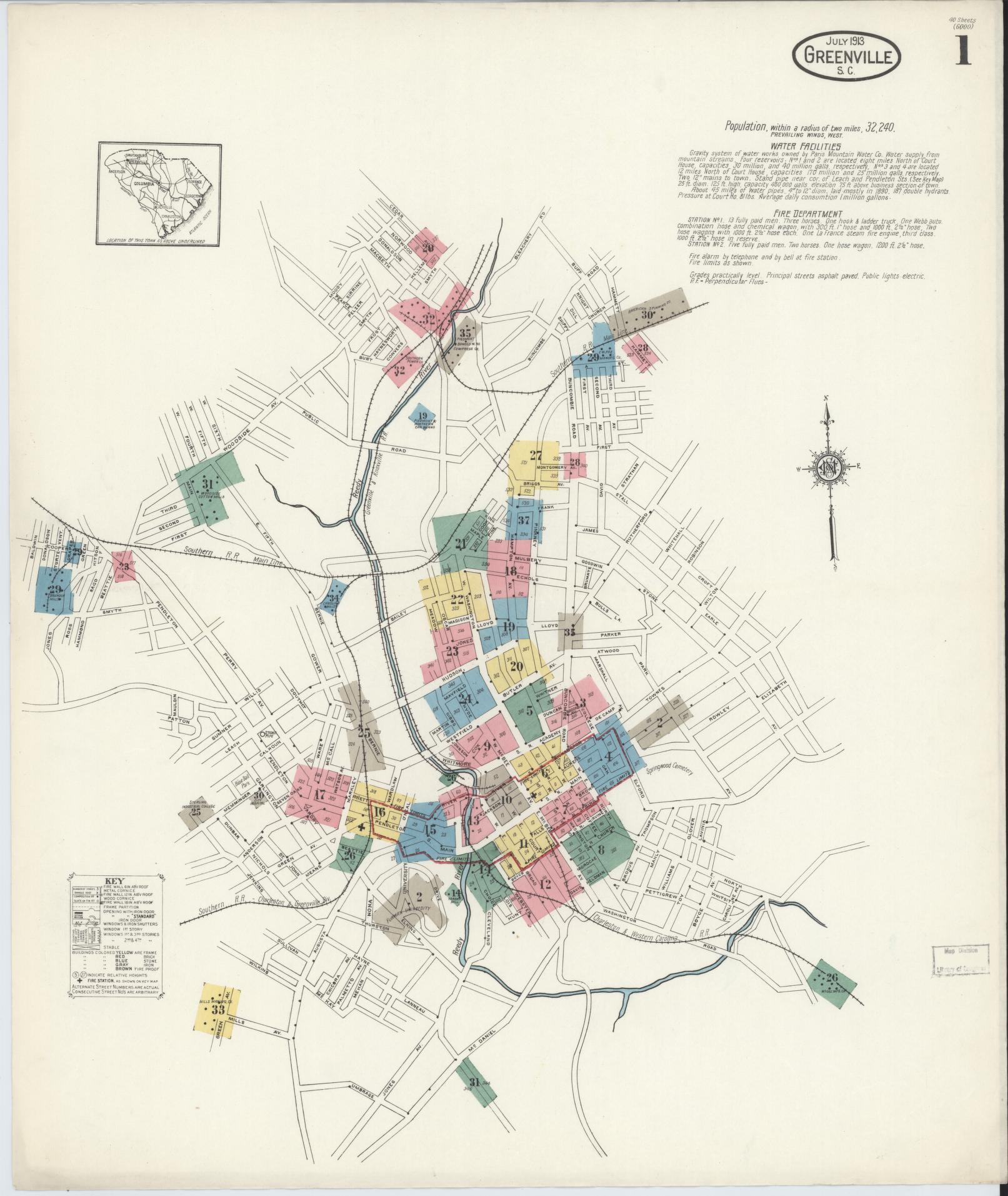 Sanborn Fire Insurance Map from Greenville, Greenville County, South Carolina (1913), Sheet #0001 - Complete Map Set gallery image, historic Sanborn map, vintage wall art, South Carolina South Carolina