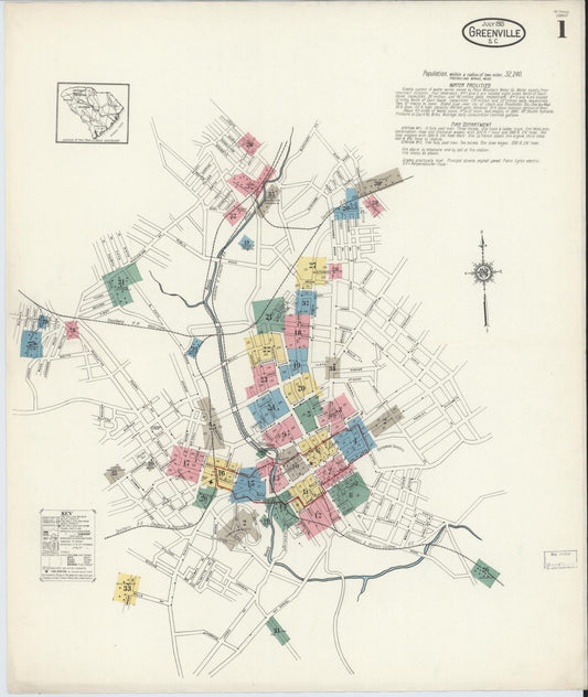 Sanborn Fire Insurance Map from Greenville, Greenville County, South Carolina (1913), Sheet #0001 - Complete Map Set gallery image, historic Sanborn map, vintage wall art, South Carolina South Carolina