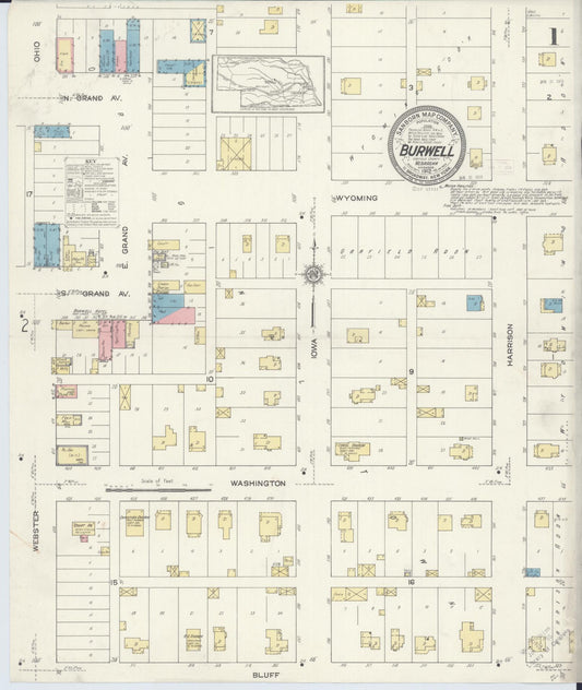 Sanborn Fire Insurance Map from Burwell, Gairfield County, Nebraska (1912), Sheet #0001 - Historic Sanborn Fire Insurance Map Print, vintage old map wall art, antique decor, genealogy gift, Nebraska Nebraska map