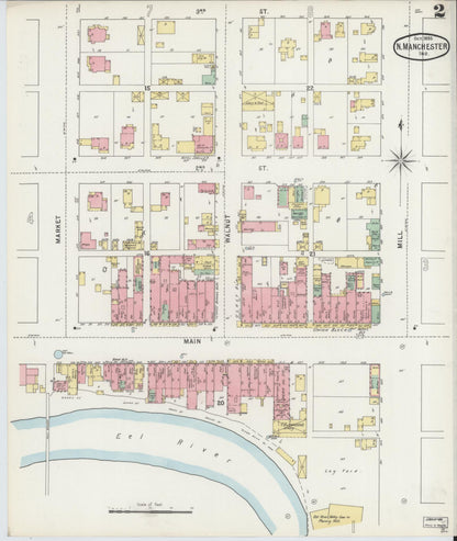 Sanborn Fire Insurance Map from North Manchester, Wabash County, Indiana (1895), Sheet #0002 - Complete Map Set gallery image, historic Sanborn map, vintage wall art, Indiana Indiana
