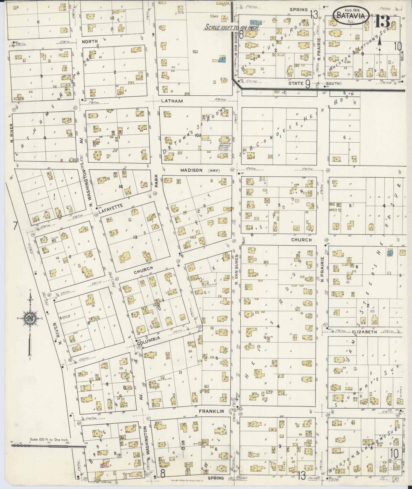 Sanborn Fire Insurance Map from Batavia, Kane County, Illinois (1916), Sheet #0013 - Historic Sanborn Fire Insurance Map Print, vintage old map wall art, antique decor, genealogy gift, Illinois Illinois map