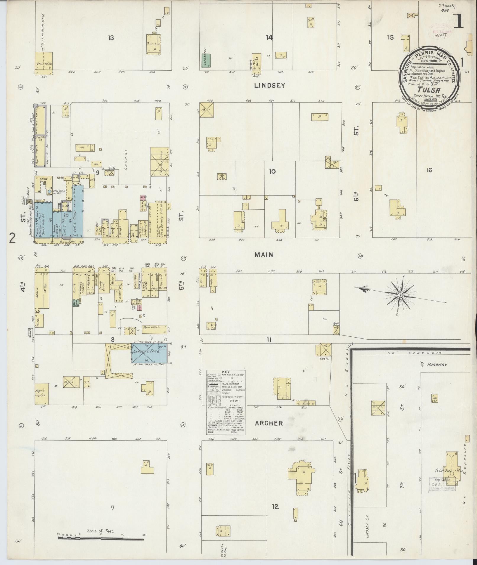 Sanborn Fire Insurance Map from Tulsa, Tulsa County, Oklahoma (1896), Sheet #0001 - Complete Map Set gallery image, historic Sanborn map, vintage wall art, Oklahoma Oklahoma