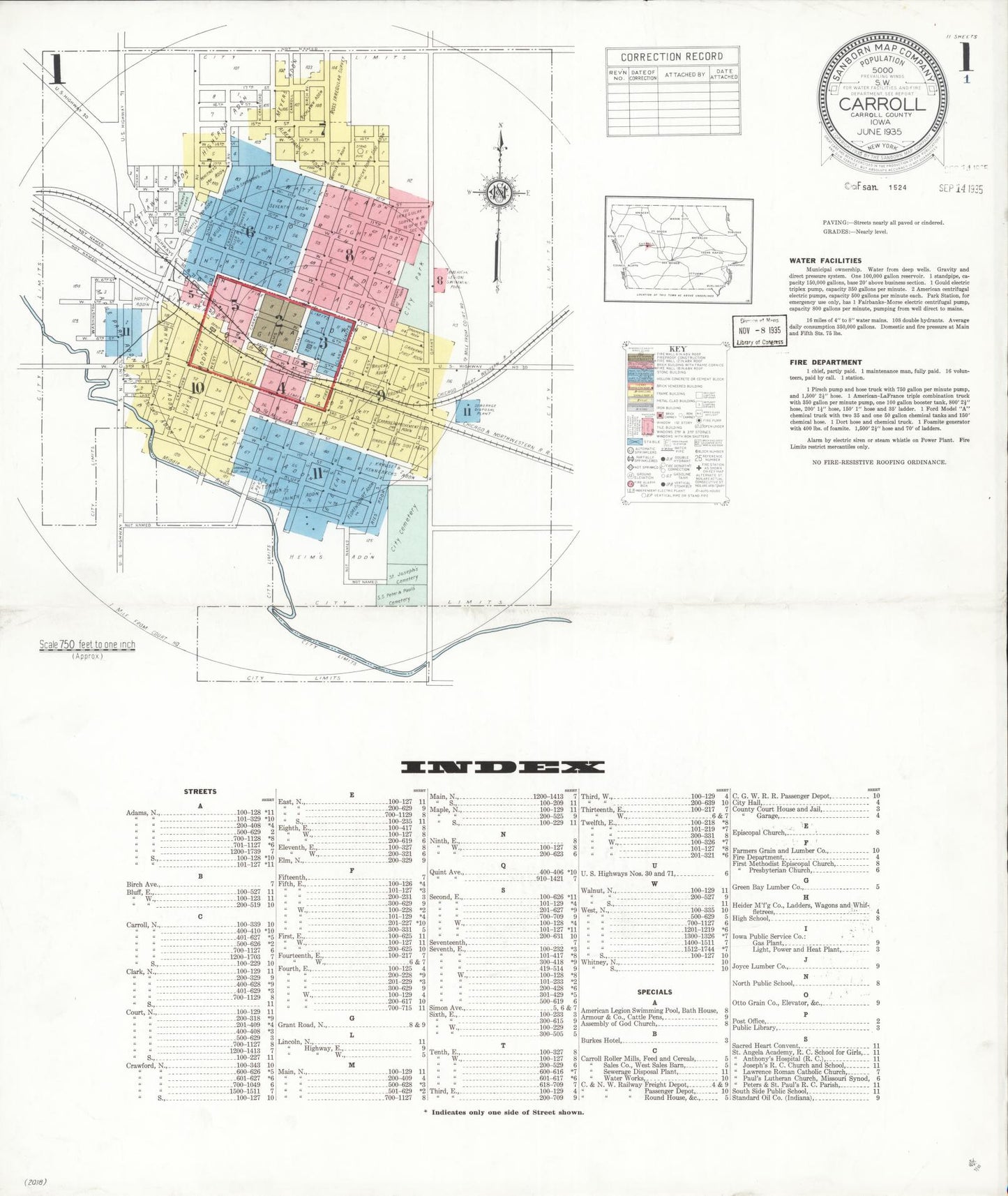 Sanborn Fire Insurance Map from Carroll, Carroll County, Iowa (1935), Sheet #0001 - Historic Sanborn Fire Insurance Map Print, vintage old map wall art