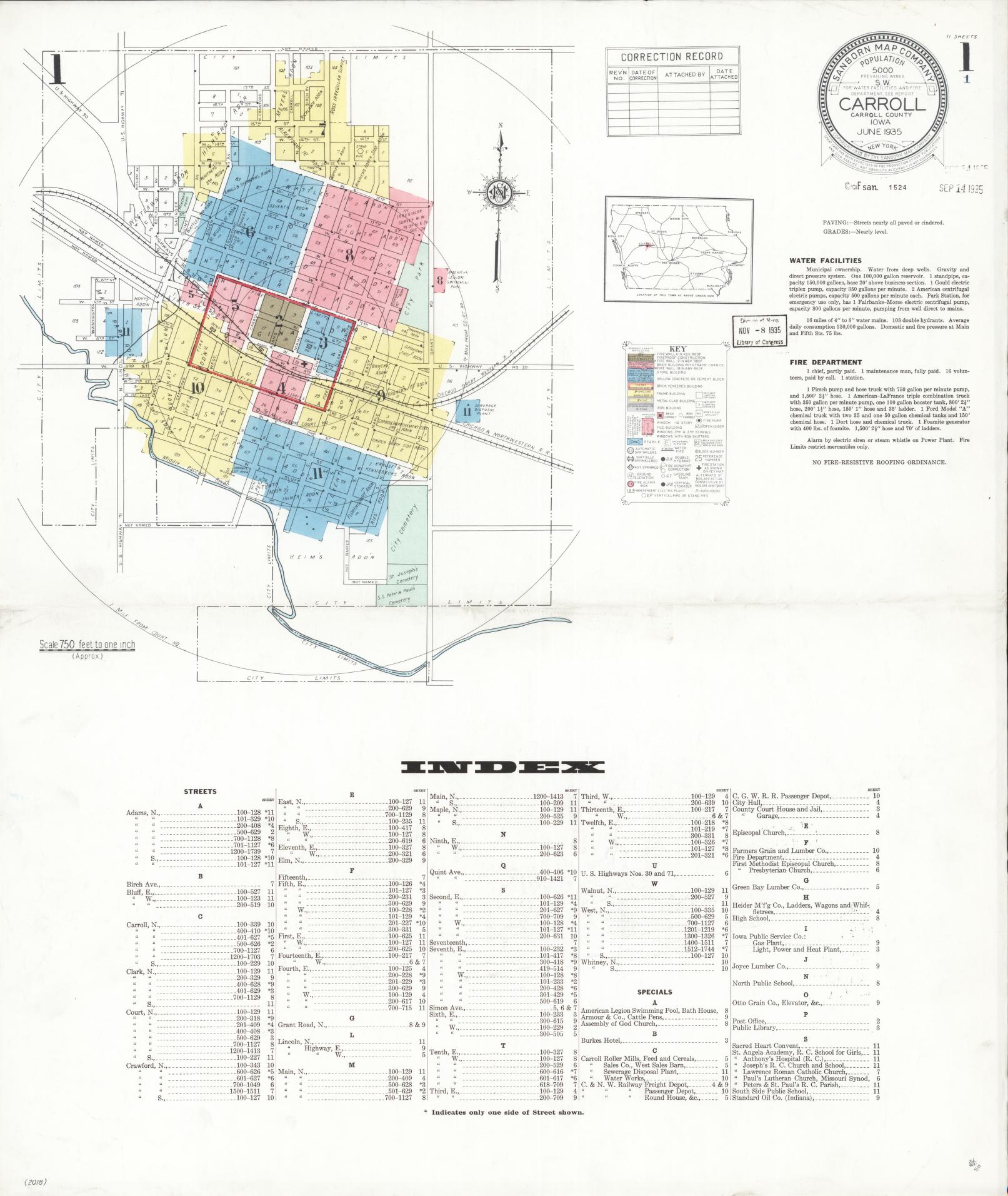 Sanborn Fire Insurance Map from Carroll, Carroll County, Iowa (1935), Sheet #0001 - Historic Sanborn Fire Insurance Map Print, vintage old map wall art