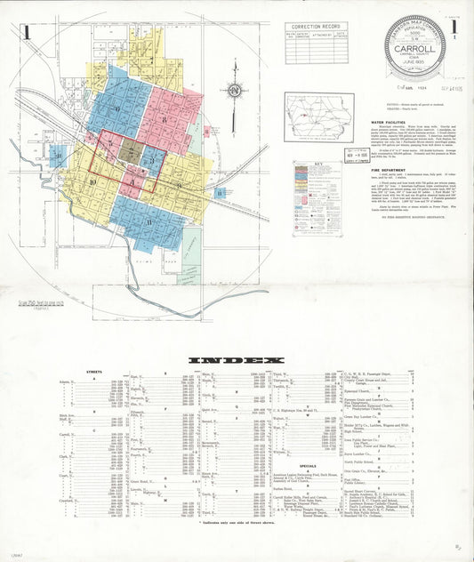 Sanborn Fire Insurance Map from Carroll, Carroll County, Iowa (1935), Sheet #0001 - Historic Sanborn Fire Insurance Map Print, vintage old map wall art