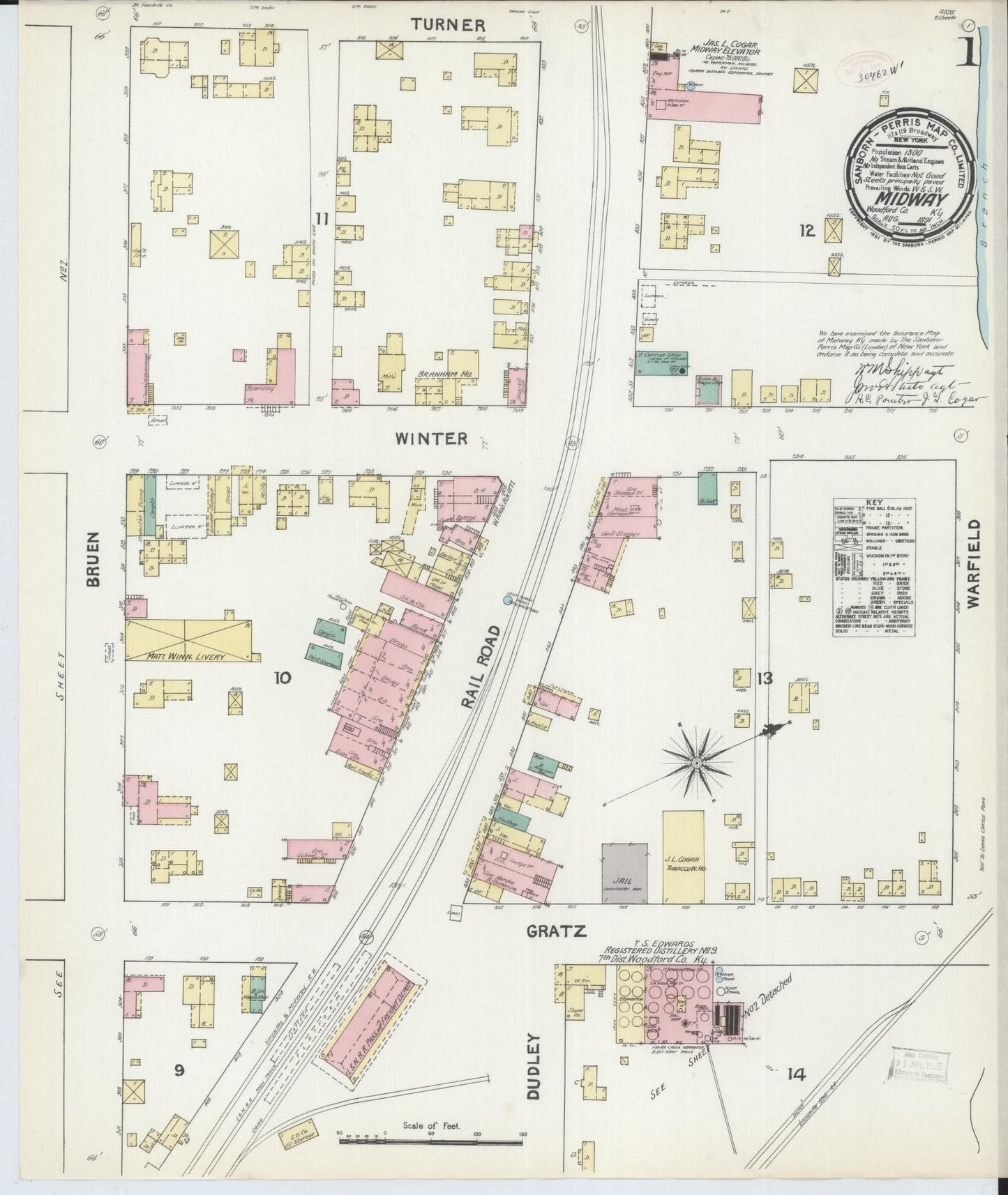 Sanborn Fire Insurance Map from Midway, Woodford County, Kentucky (1891), Sheet #0001 - Historic Sanborn Fire Insurance Map Print, vintage old map wall art, antique decor, genealogy gift, Kentucky Kentucky map