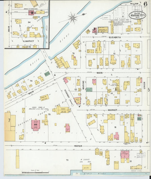 Sanborn Fire Insurance Map from Marine City, Saint Clair County, Michigan (1900), Sheet #0006 - Historic Sanborn Fire Insurance Map Print, vintage old map wall art, antique decor, genealogy gift, Michigan Michigan map