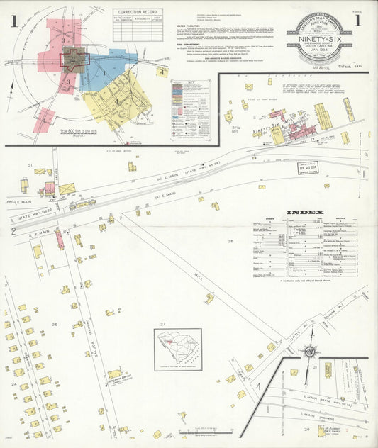 Sanborn Fire Insurance Map from Ninety Six, Greenwood County, South Carolina (1934), Sheet #0001 - Historic Sanborn Fire Insurance Map Print, vintage old map wall art, antique decor, genealogy gift, South Carolina South Carolina map