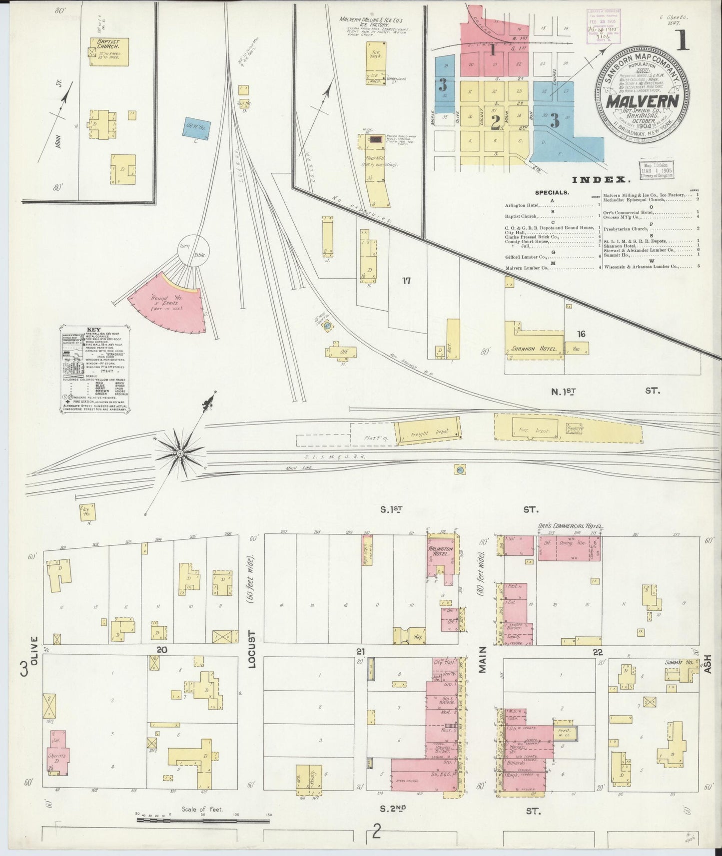 Sanborn Fire Insurance Map from Malvern, Hot Springs County, Arkansas (1904), Sheet #0001 - Complete Map Set gallery image, historic Sanborn map, vintage wall art, Arkansas Arkansas