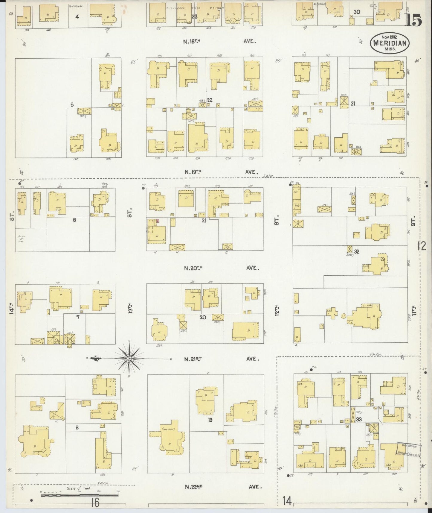 Sanborn Fire Insurance Map from Meridian, Lauderdale County, Mississippi (1902), Sheet #0015 - Complete Map Set gallery image, historic Sanborn map, vintage wall art, Mississippi Mississippi