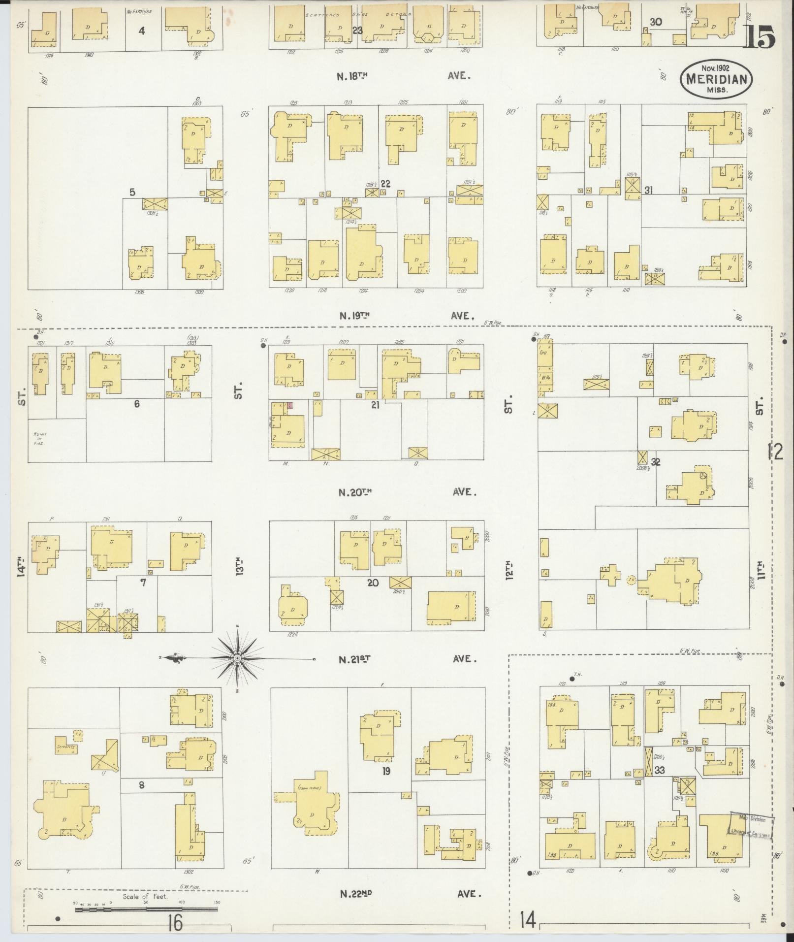 Sanborn Fire Insurance Map from Meridian, Lauderdale County, Mississippi (1902), Sheet #0015 - Complete Map Set gallery image, historic Sanborn map, vintage wall art, Mississippi Mississippi