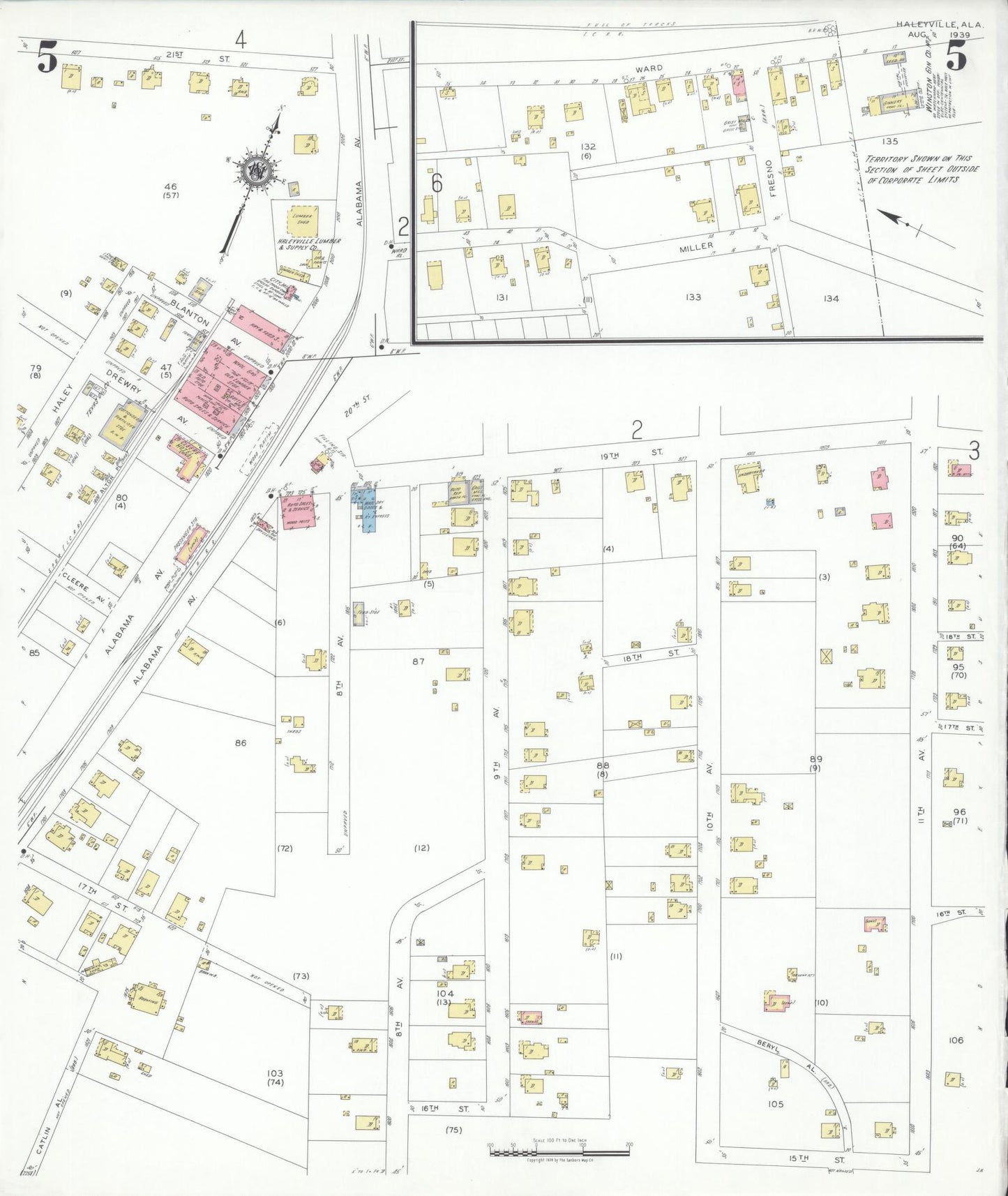 Sanborn Fire Insurance Map from Haleyville, Winston County, Alabama (1939), Sheet #0005 - Complete Map Set gallery image, historic Sanborn map, vintage wall art, Alabama Alabama