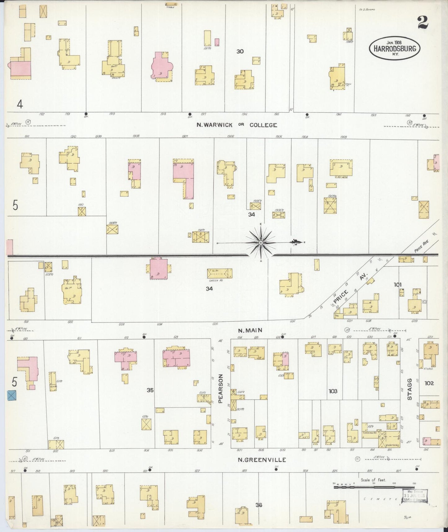 Sanborn Fire Insurance Map from Harrodsburg, Mercer County, Kentucky (1908), Sheet #0002 - Historic Sanborn Fire Insurance Map Print, vintage old map wall art, antique decor, genealogy gift, Kentucky Kentucky map