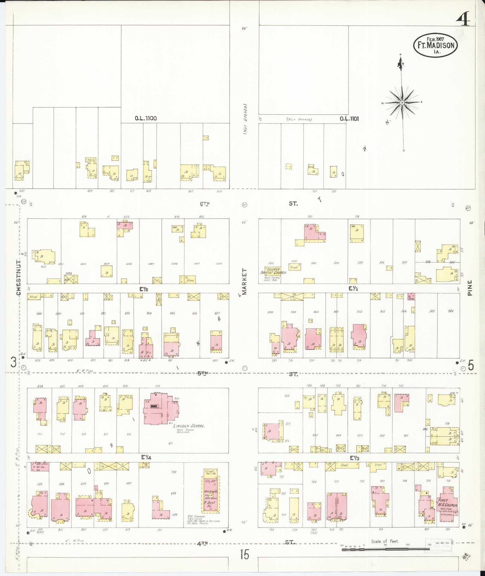 Sanborn Fire Insurance Map from Fort Madison, Lee County, Iowa (1907), Sheet #0004 - Historic Sanborn Fire Insurance Map Print, vintage old map wall art