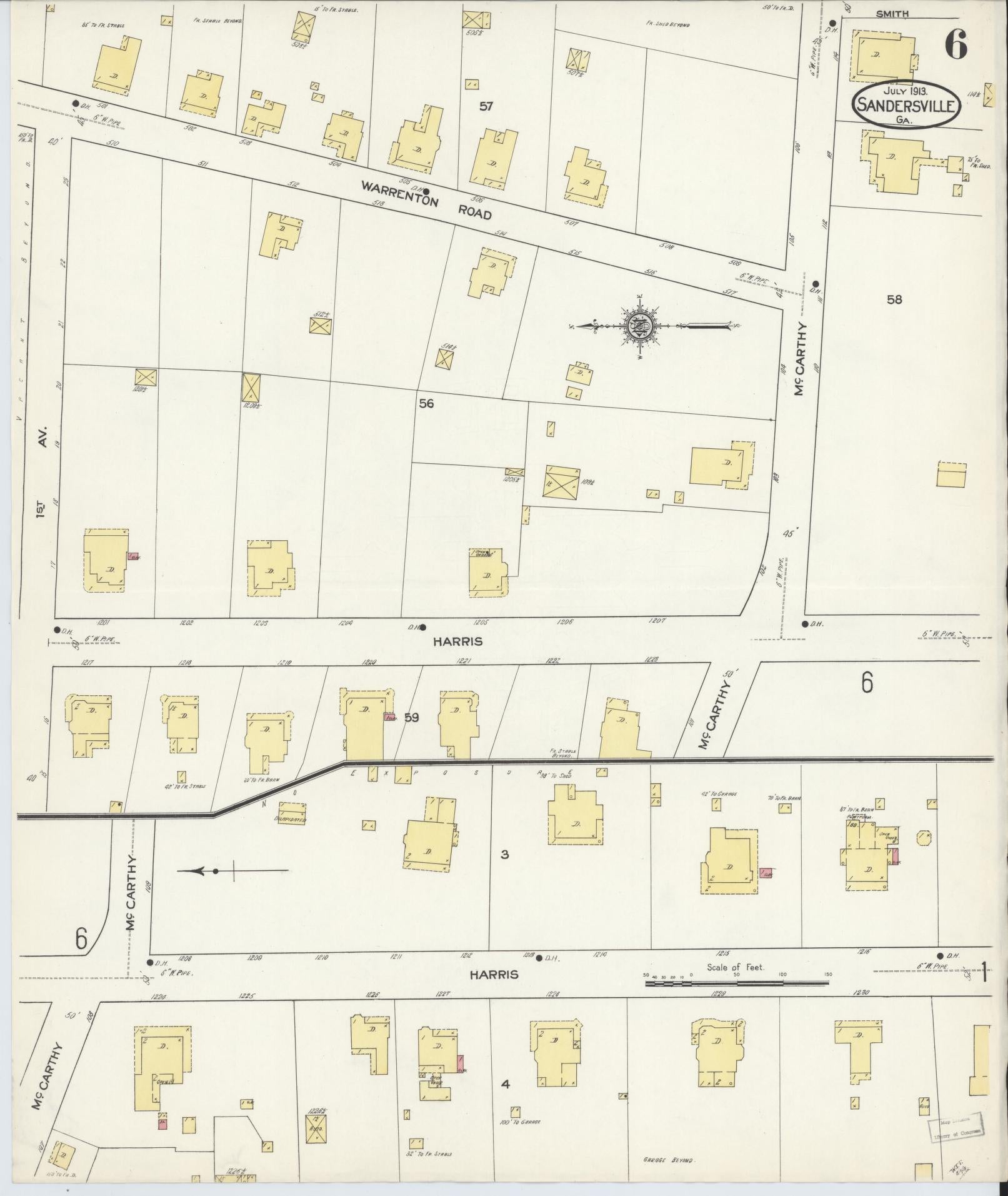 Sanborn Fire Insurance Map from Sandersville, Washington County, Georgia (1913), Sheet #0006 - Complete Map Set gallery image, historic Sanborn map, vintage wall art, Georgia Georgia