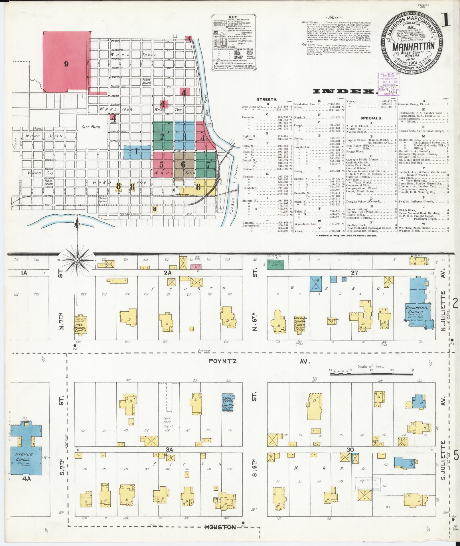 Sanborn Fire Insurance Map from Manhattan, Riley County, Kansas (1905), Sheet #0001 - Historic Sanborn Fire Insurance Map Print, vintage old map wall art, antique decor, genealogy gift, Kansas Kansas map
