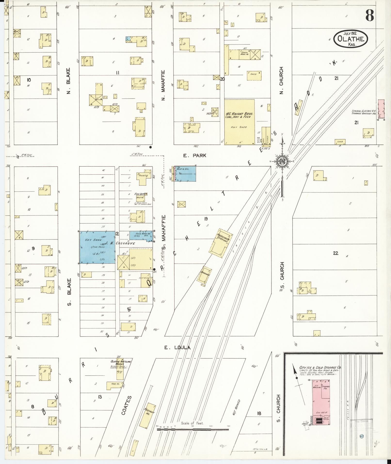 Sanborn Fire Insurance Map from Olathe, Johnson County, Kansas (1912), Sheet #0008 - Historic Sanborn Fire Insurance Map Print, vintage old map wall art, antique decor, genealogy gift, Kansas Kansas map