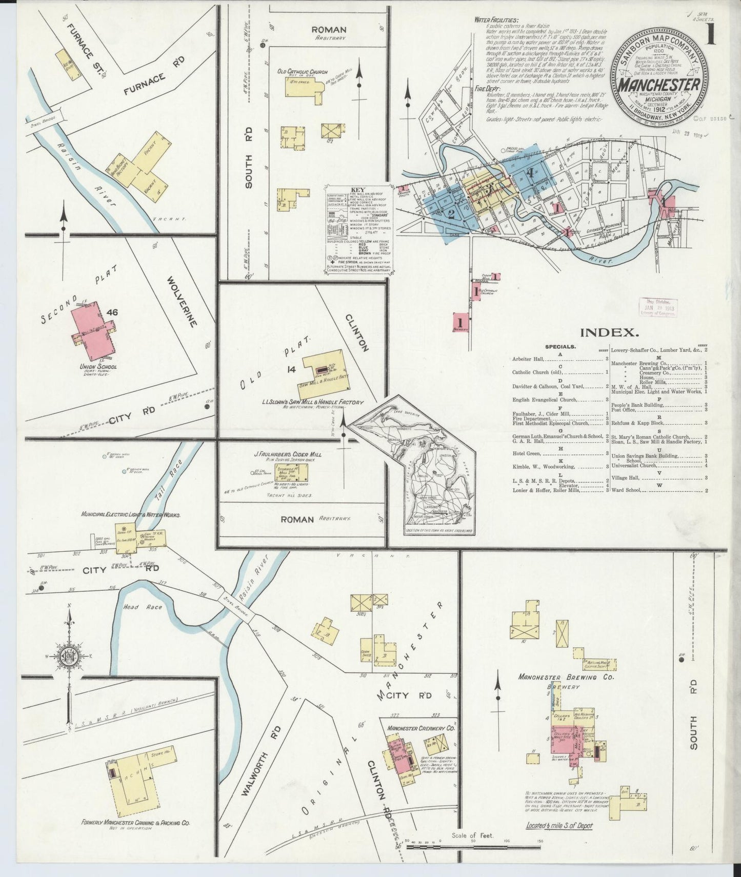 Sanborn Fire Insurance Map from Manchester, Washtenaw County, Michigan (1912), Sheet #0001 - Complete Map Set gallery image, historic Sanborn map, vintage wall art, Michigan Michigan