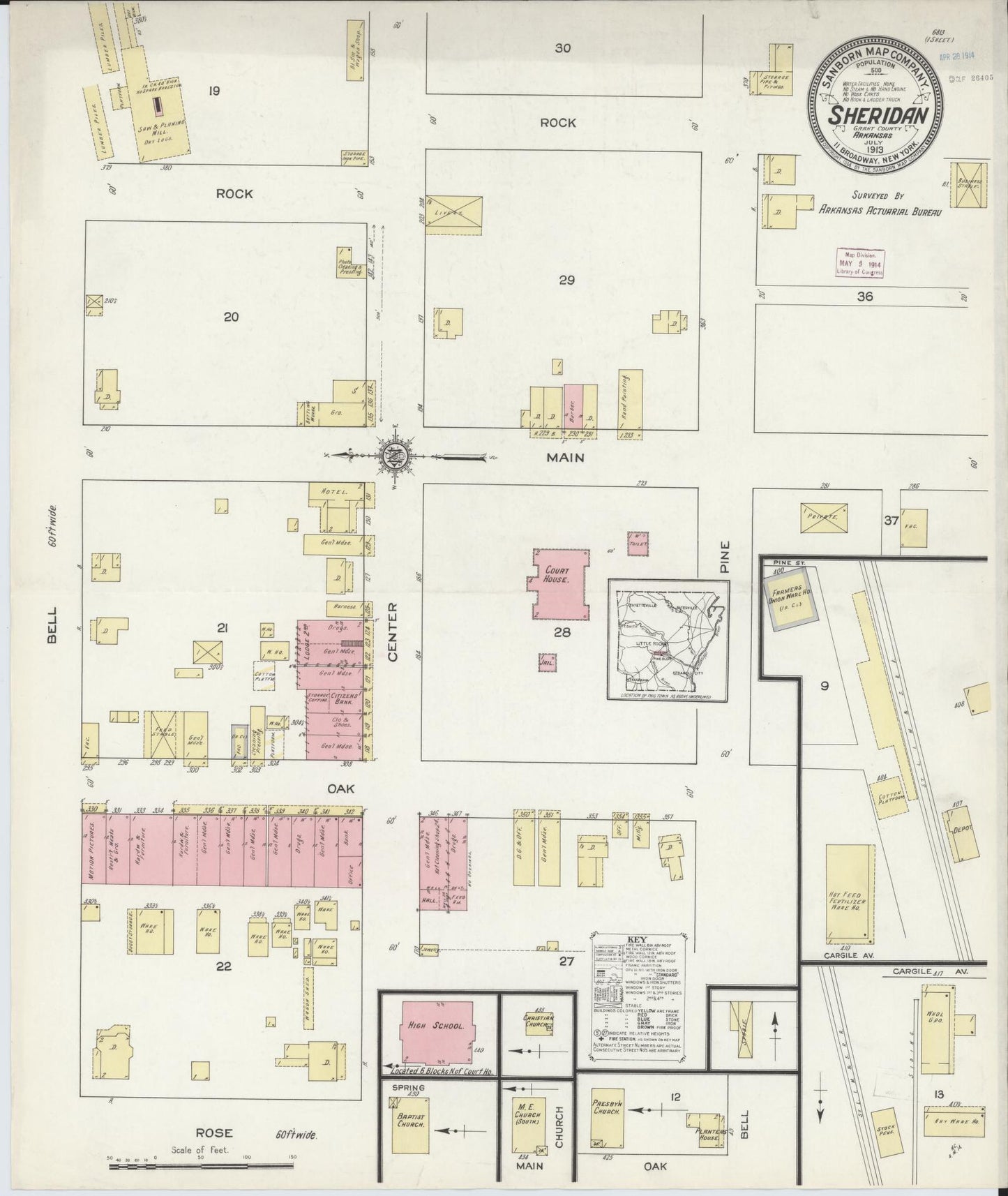 Sanborn Fire Insurance Map from Sheridan, Grant County, Arkansas (1913), Sheet #0001 - Historic Sanborn Fire Insurance Map Print, vintage old map wall art, antique decor, genealogy gift, Arkansas Arkansas map