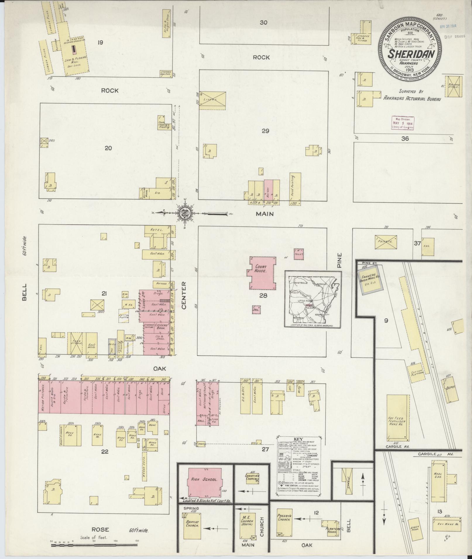 Sanborn Fire Insurance Map from Sheridan, Grant County, Arkansas (1913), Sheet #0001 - Historic Sanborn Fire Insurance Map Print, vintage old map wall art, antique decor, genealogy gift, Arkansas Arkansas map