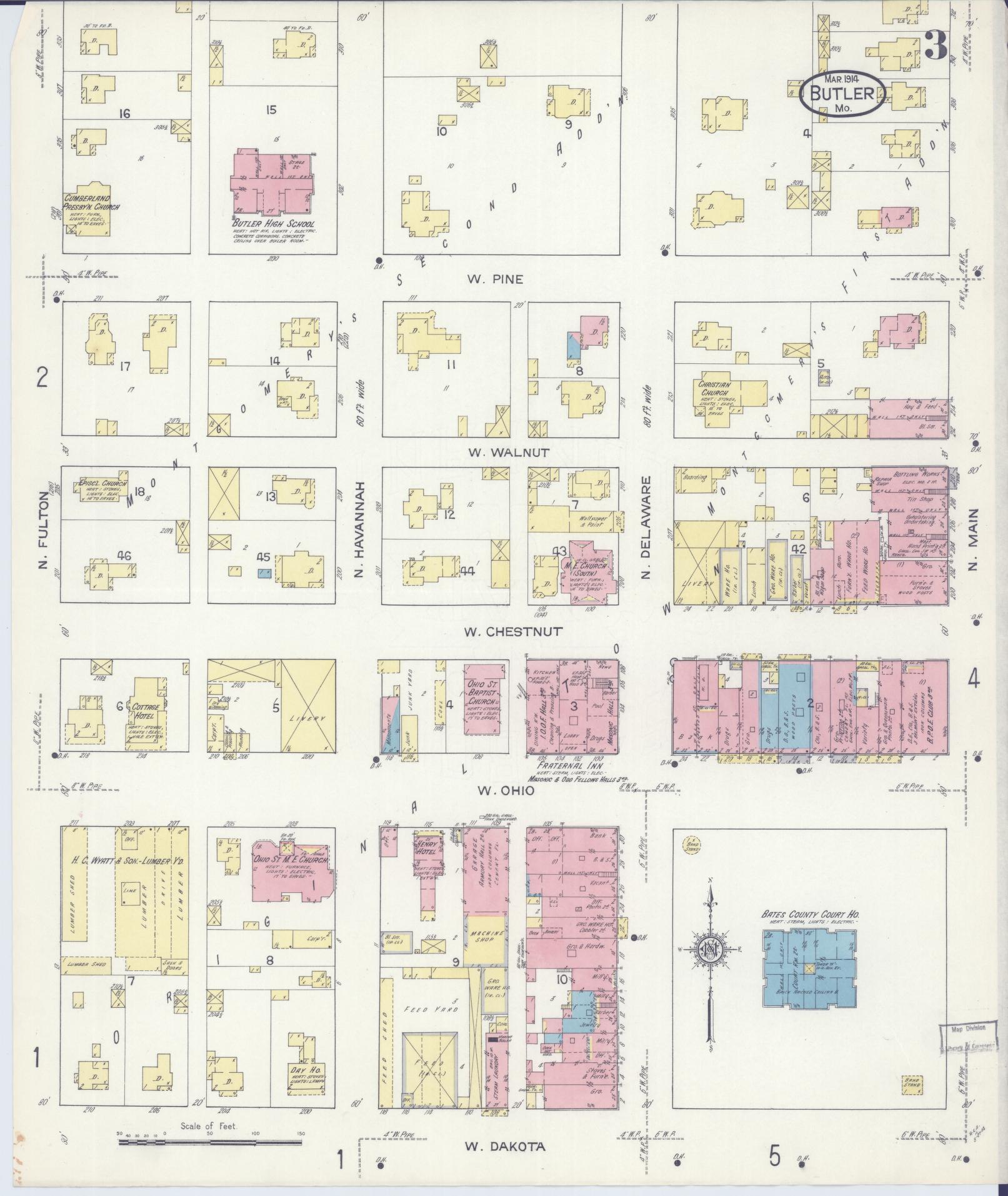 Sanborn Fire Insurance Map from Butler, Bates County, Missouri (1914), Sheet #0003 - Historic Sanborn Fire Insurance Map Print, vintage old map wall art, antique decor, genealogy gift, Missouri Missouri map