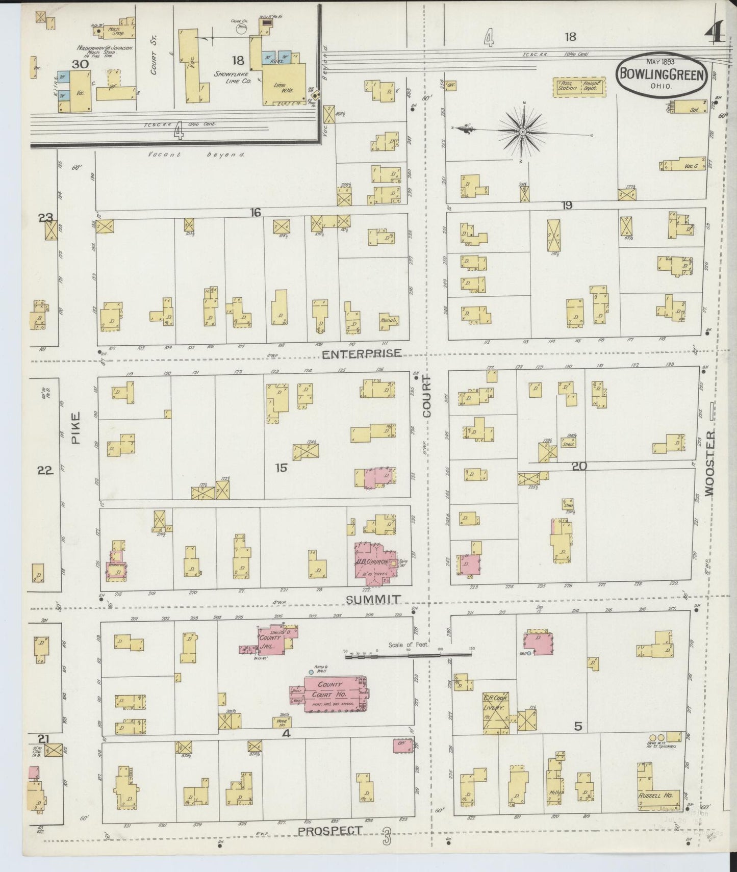 Sanborn Fire Insurance Map from Bowling Green, Wood County, Ohio (1893), Sheet #0004 - Historic Sanborn Fire Insurance Map Print, vintage old map wall art, antique decor, genealogy gift, Ohio Ohio map