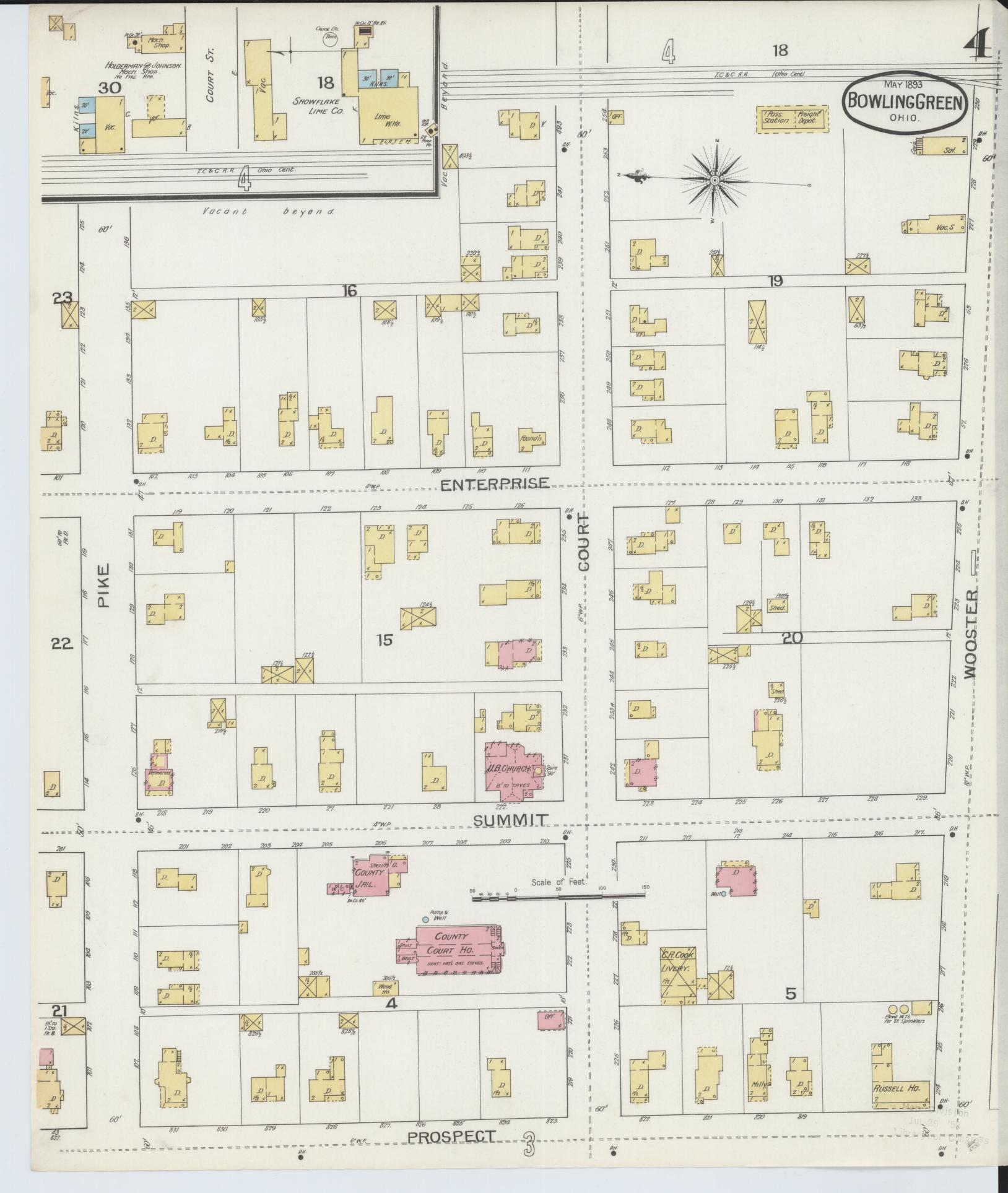 Sanborn Fire Insurance Map from Bowling Green, Wood County, Ohio (1893), Sheet #0004 - Historic Sanborn Fire Insurance Map Print, vintage old map wall art, antique decor, genealogy gift, Ohio Ohio map