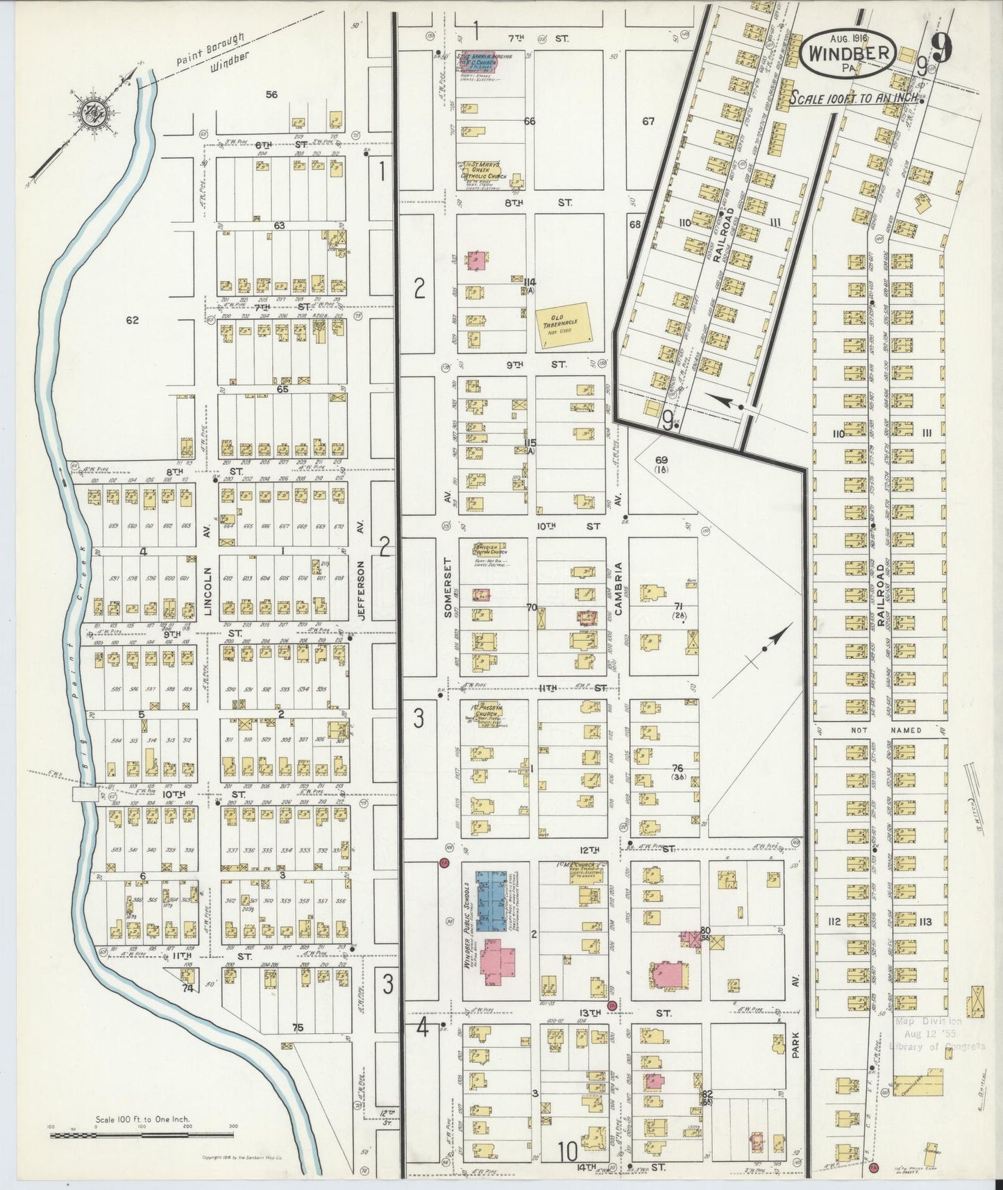 Sanborn Fire Insurance Map from Windber, Somerset County, Pennsylvania (1916), Sheet #0009 - Historic Sanborn Fire Insurance Map Print, vintage old map wall art, antique decor, genealogy gift, Pennsylvania Pennsylvania map
