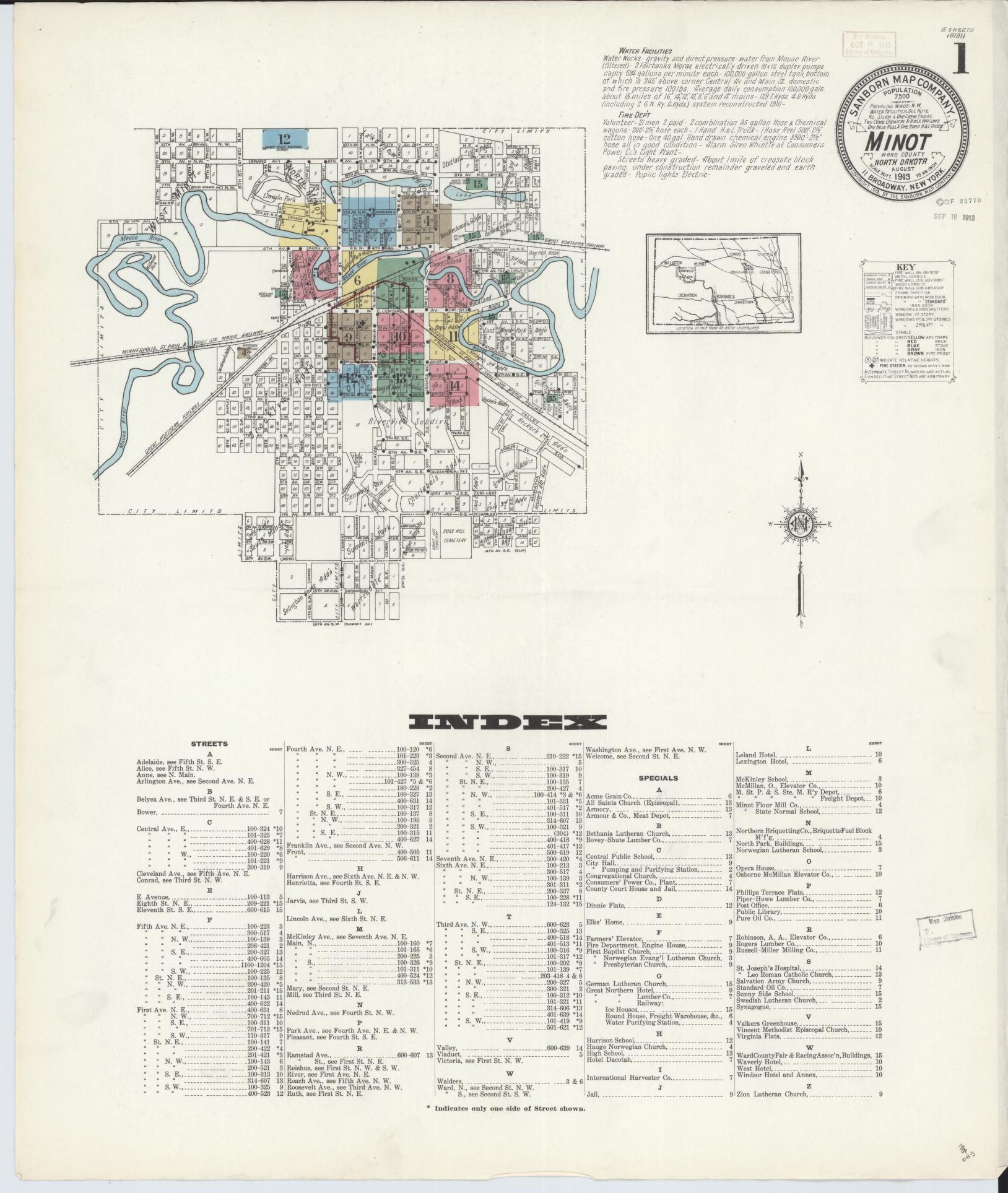 Sanborn Fire Insurance Map from Minot, Ward County, North Dakota (1913), Sheet #0001 - Historic Sanborn Fire Insurance Map Print, vintage old map wall art, antique decor, genealogy gift, North Dakota North Dakota map