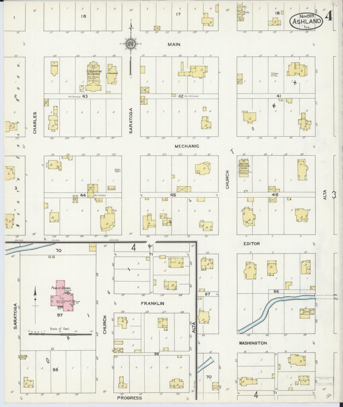 Sanborn Fire Insurance Map from Ashland, Cass County, Illinois (1909), Sheet #0004 - Historic Sanborn Fire Insurance Map Print, vintage old map wall art, antique decor, genealogy gift, Illinois Illinois map