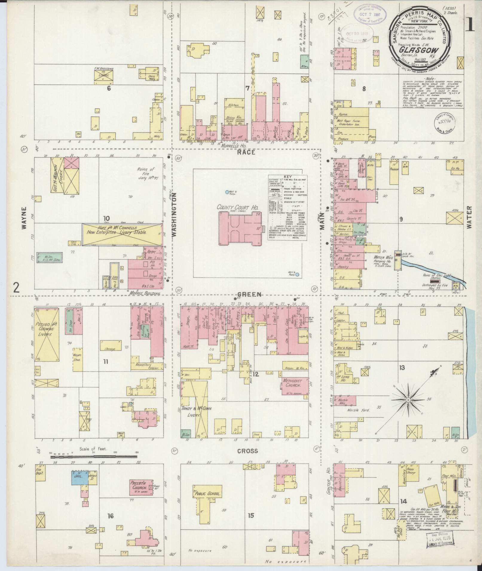 Sanborn Fire Insurance Map from Glasgow, Barren County, Kentucky (1897), Sheet #0001 - Complete Map Set gallery image, historic Sanborn map, vintage wall art, Kentucky Kentucky